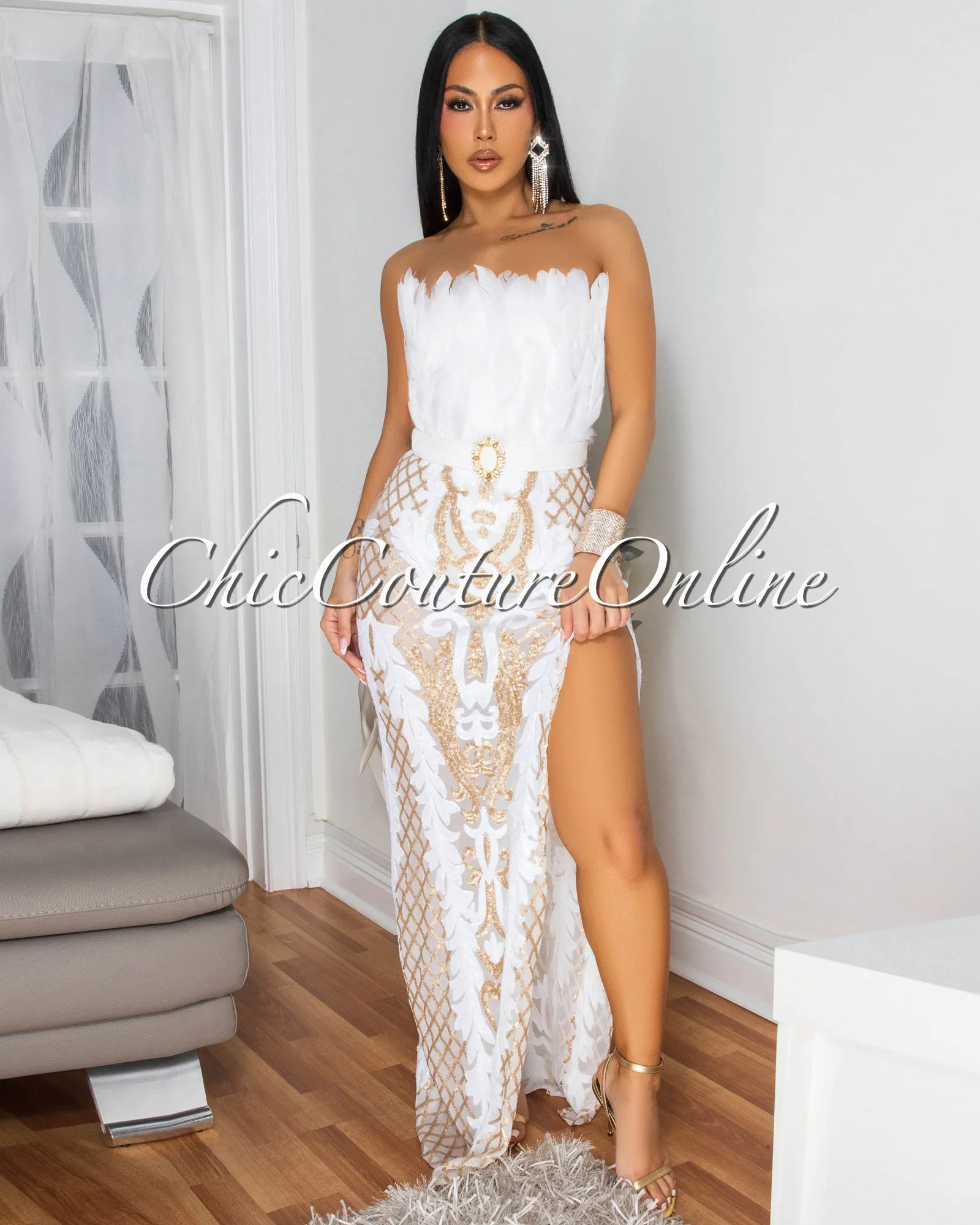 Rachelle White Gold Sequins Feather Bust Bodysuit Maxi Dress sold by Chic Couture product image thumbnail 4