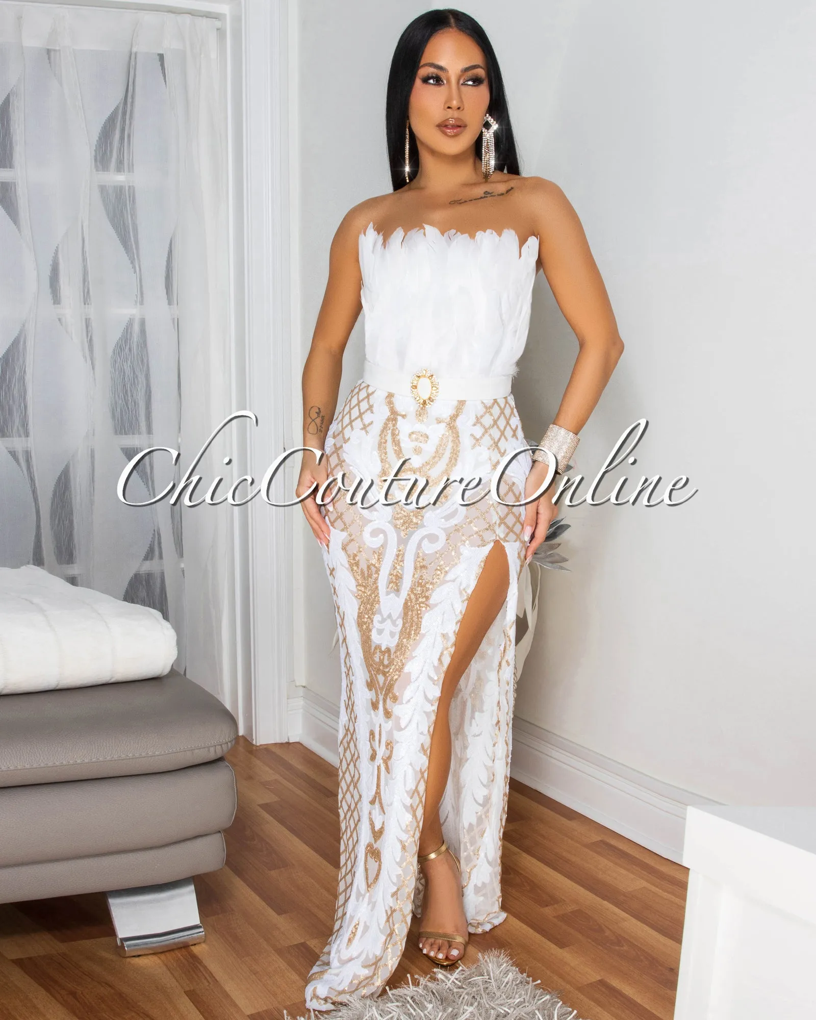 Rachelle White Gold Sequins Feather Bust Bodysuit Maxi Dress sold by Chic Couture product image thumbnail 3
