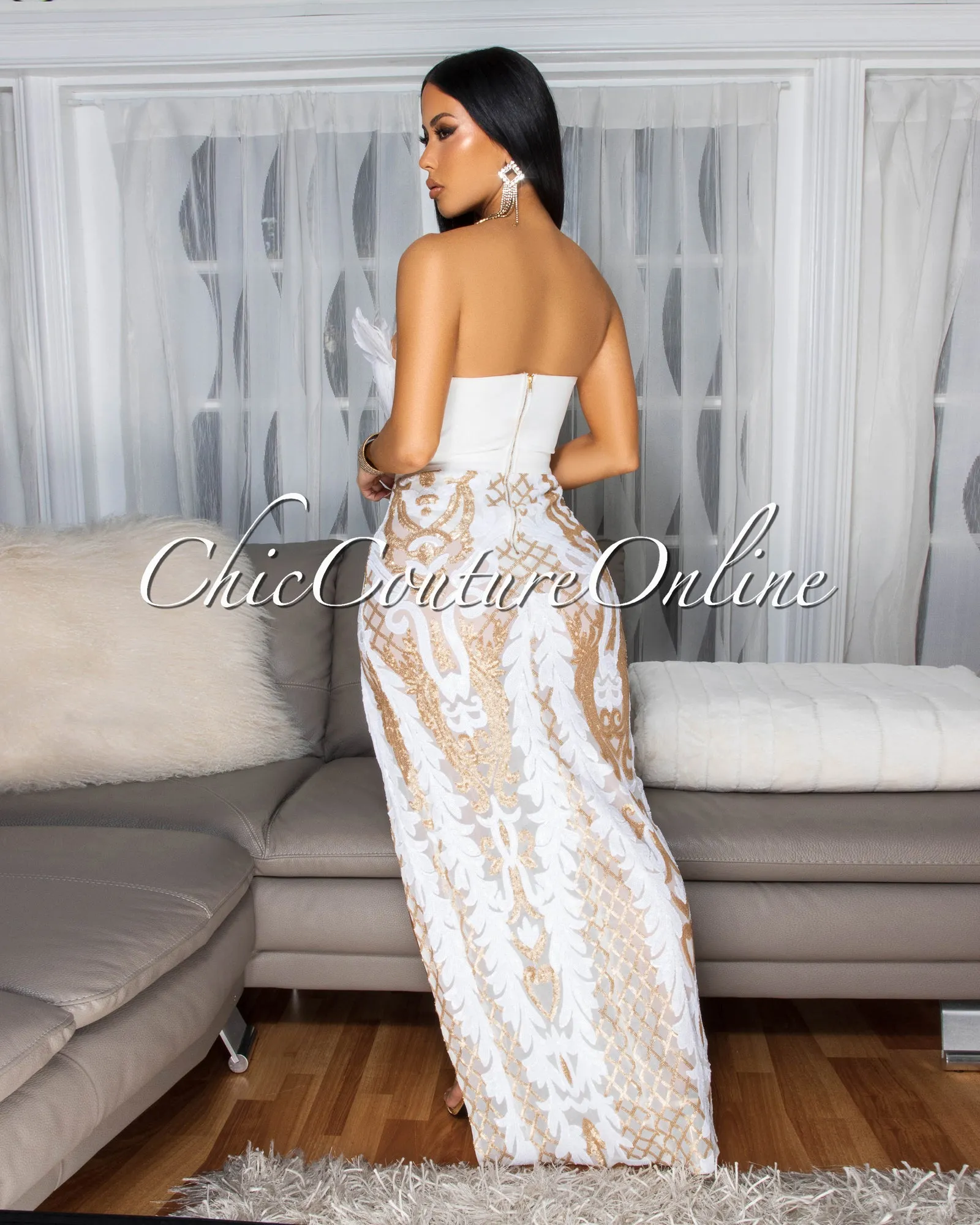 Rachelle White Gold Sequins Feather Bust Bodysuit Maxi Dress sold by Chic Couture product image thumbnail 2