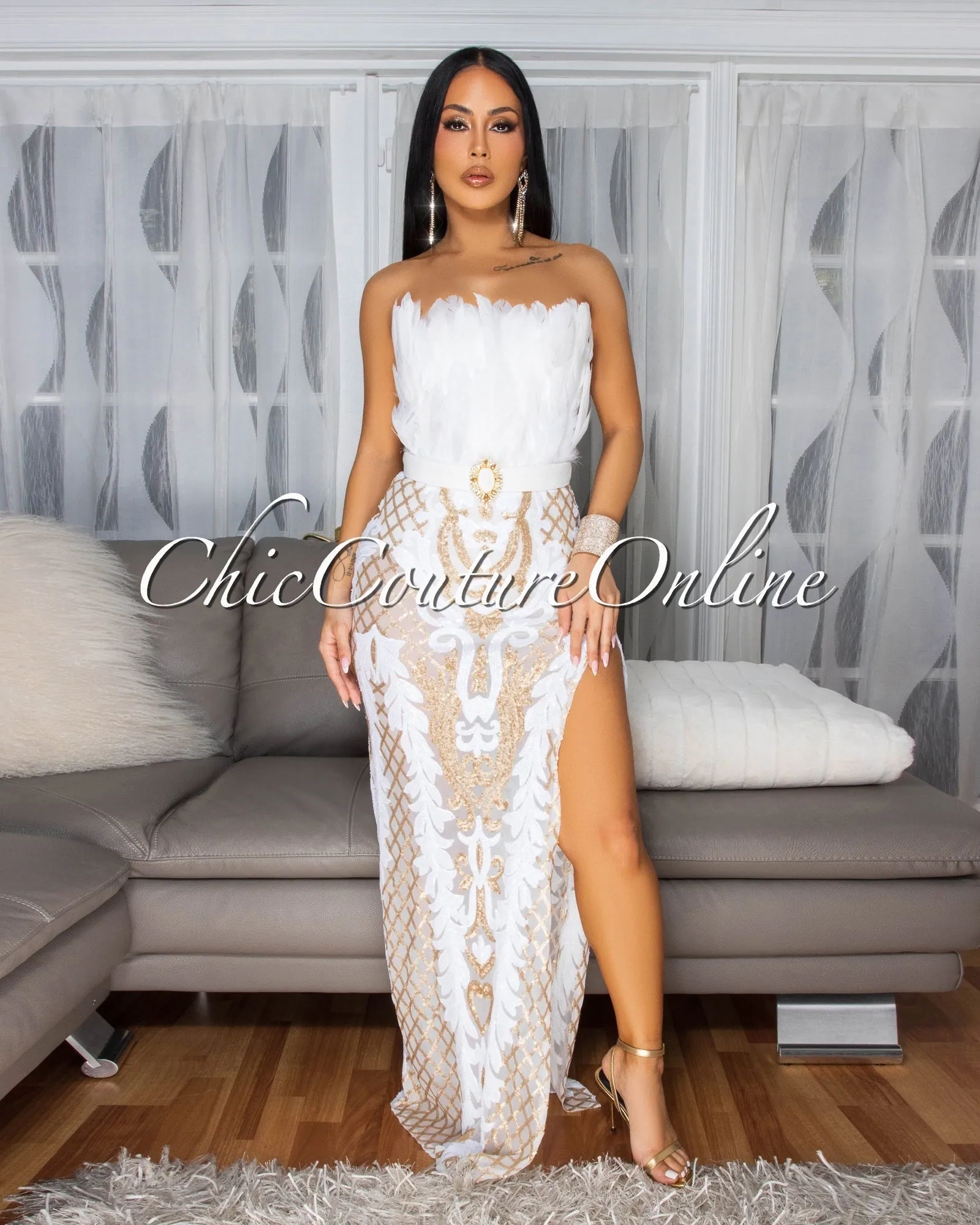Rachelle White Gold Sequins Feather Bust Bodysuit Maxi Dress sold by Chic Couture