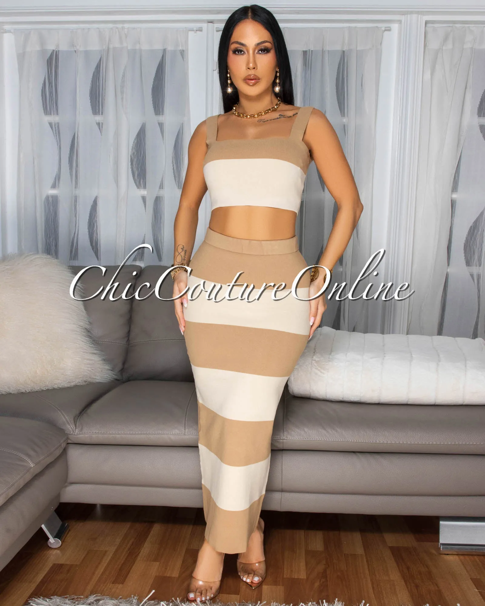 Mielle Toffee Nude Crop Top & Maxi Skirt Knit Set sold by Chic Couture