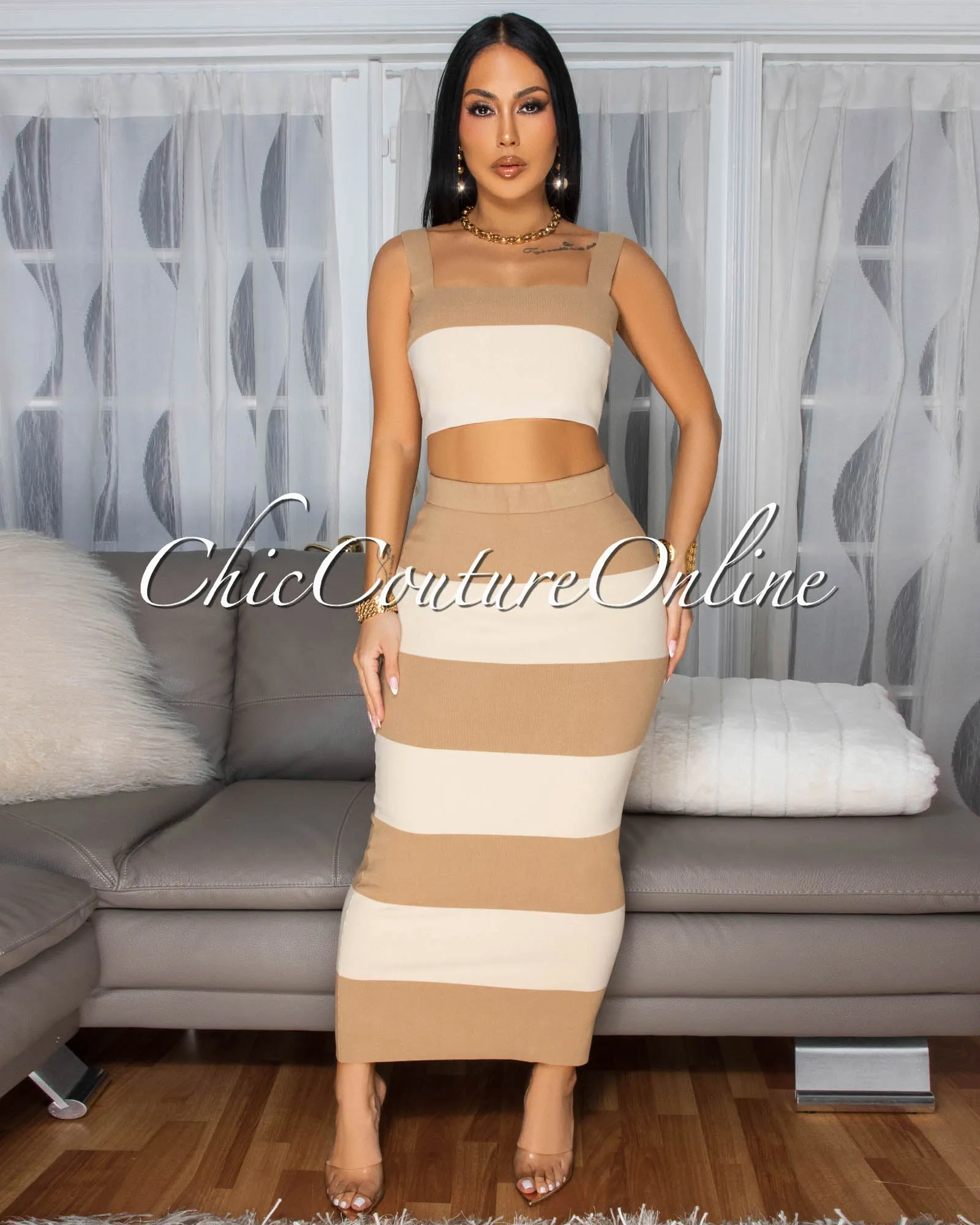 Mielle Toffee Nude Crop Top & Maxi Skirt Knit Set sold by Chic Couture product image thumbnail 2