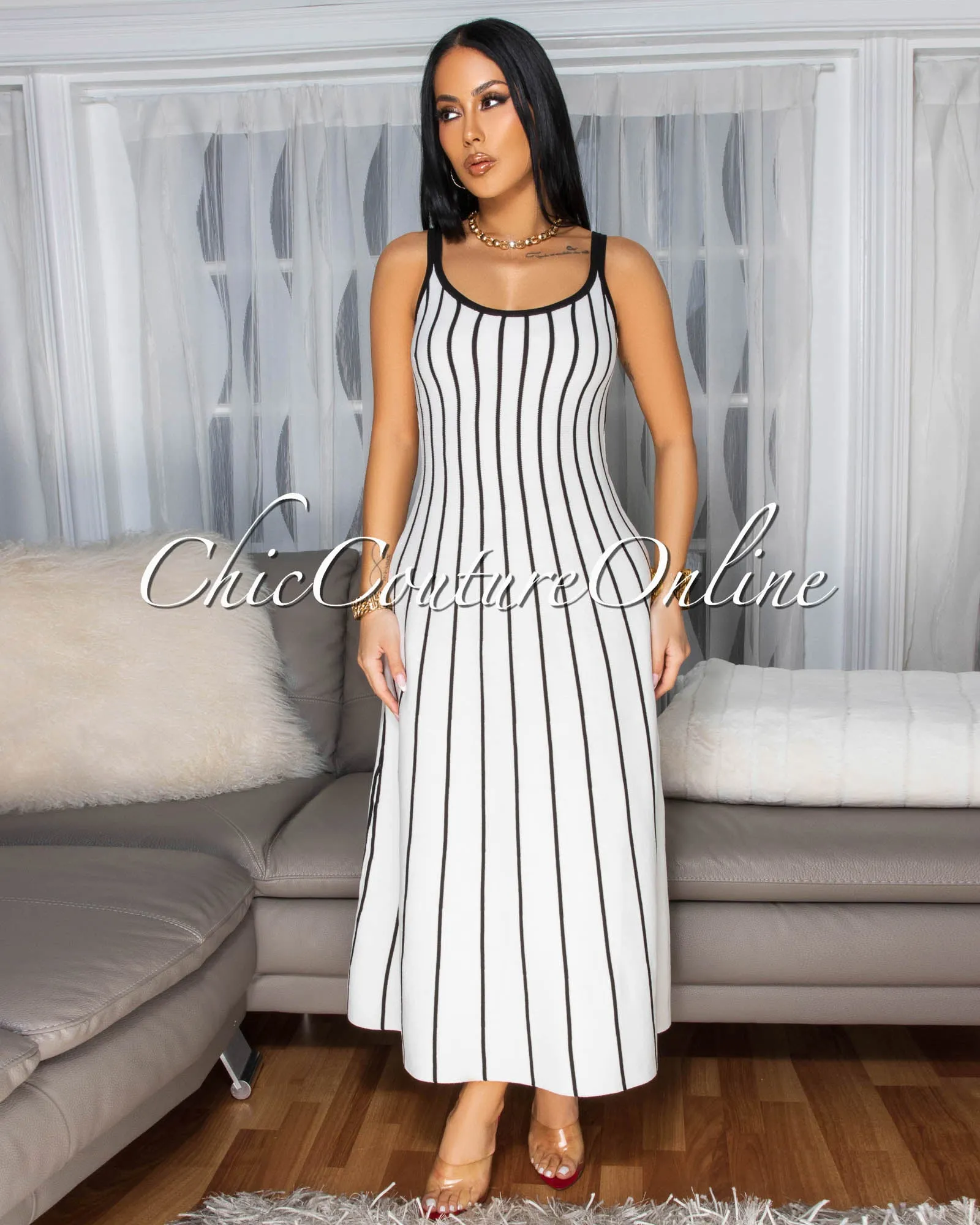 Farida Off-White Black Stripe Knit Midi Dress sold by Chic Couture product image thumbnail 3