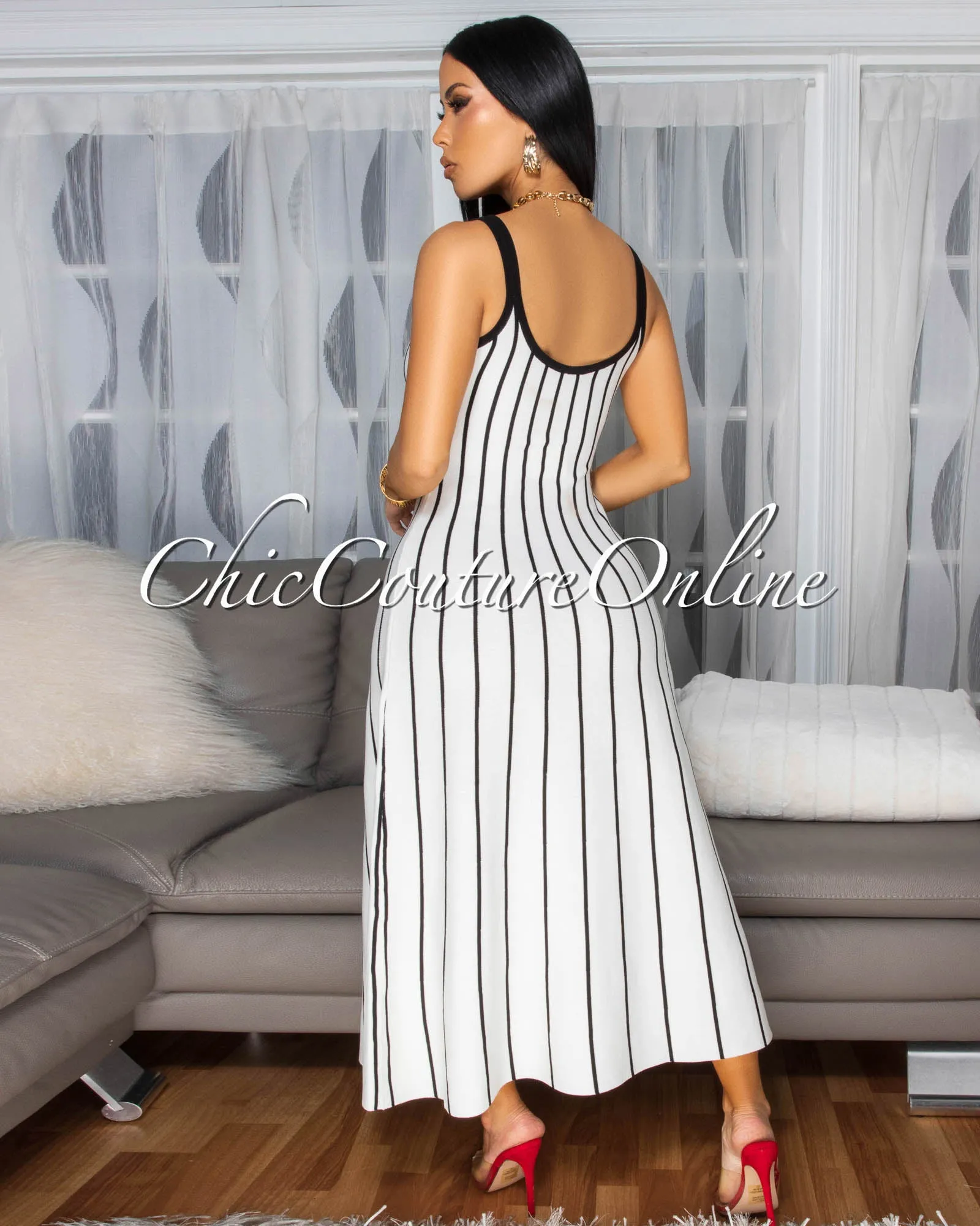 Farida Off-White Black Stripe Knit Midi Dress sold by Chic Couture product image thumbnail 4