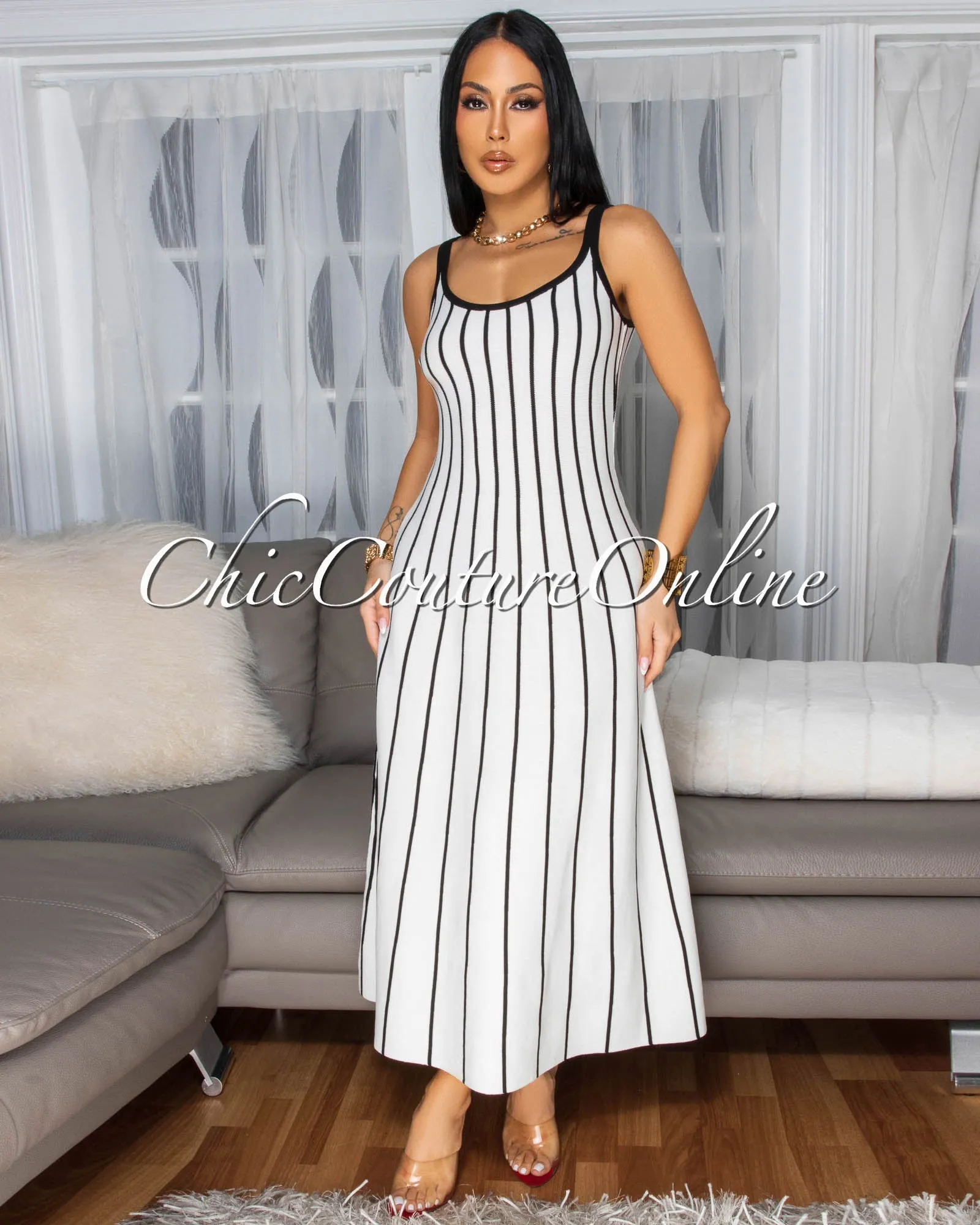 Farida Off-White Black Stripe Knit Midi Dress sold by Chic Couture product image thumbnail 2