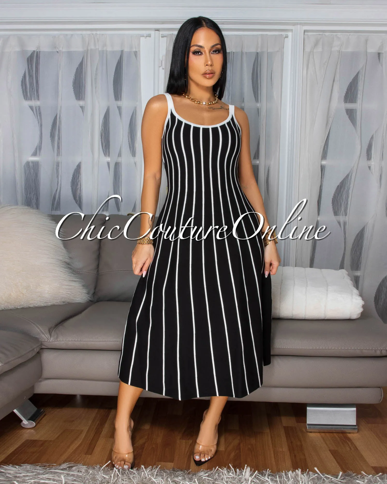 Farida Black White Stripe Knit Midi Dress sold by Chic Couture