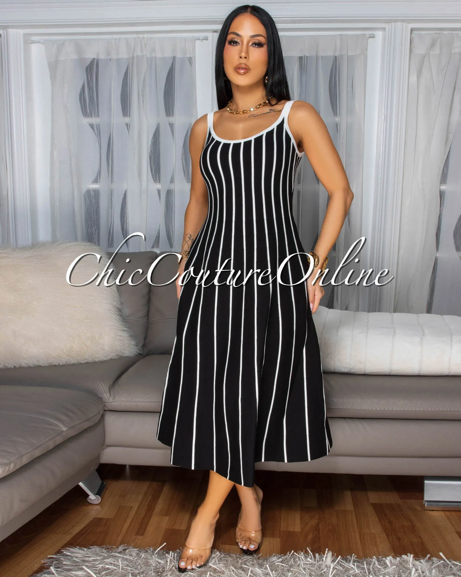 Farida Black White Stripe Knit Midi Dress sold by Chic Couture product image thumbnail 3