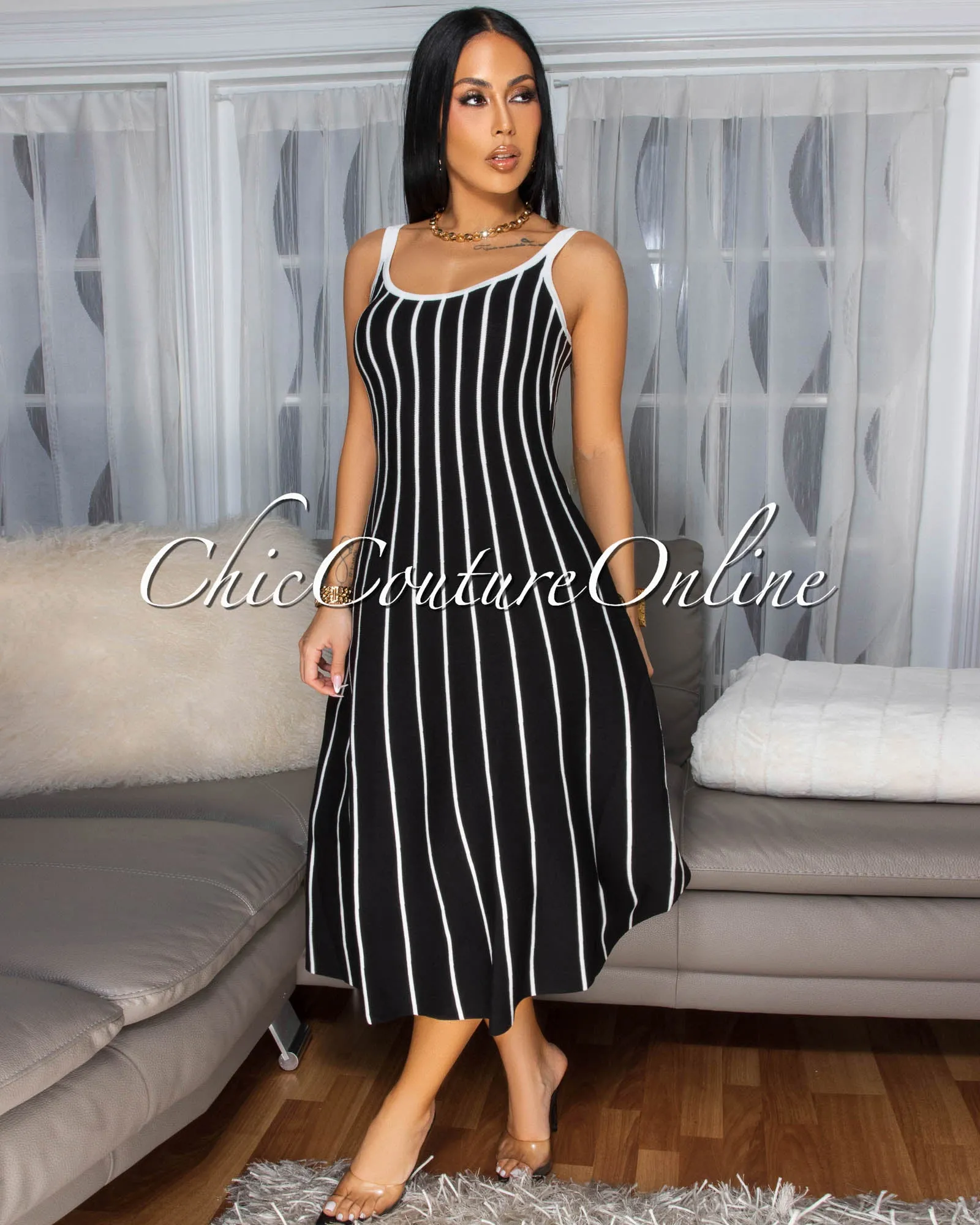 Farida Black White Stripe Knit Midi Dress sold by Chic Couture product image thumbnail 2