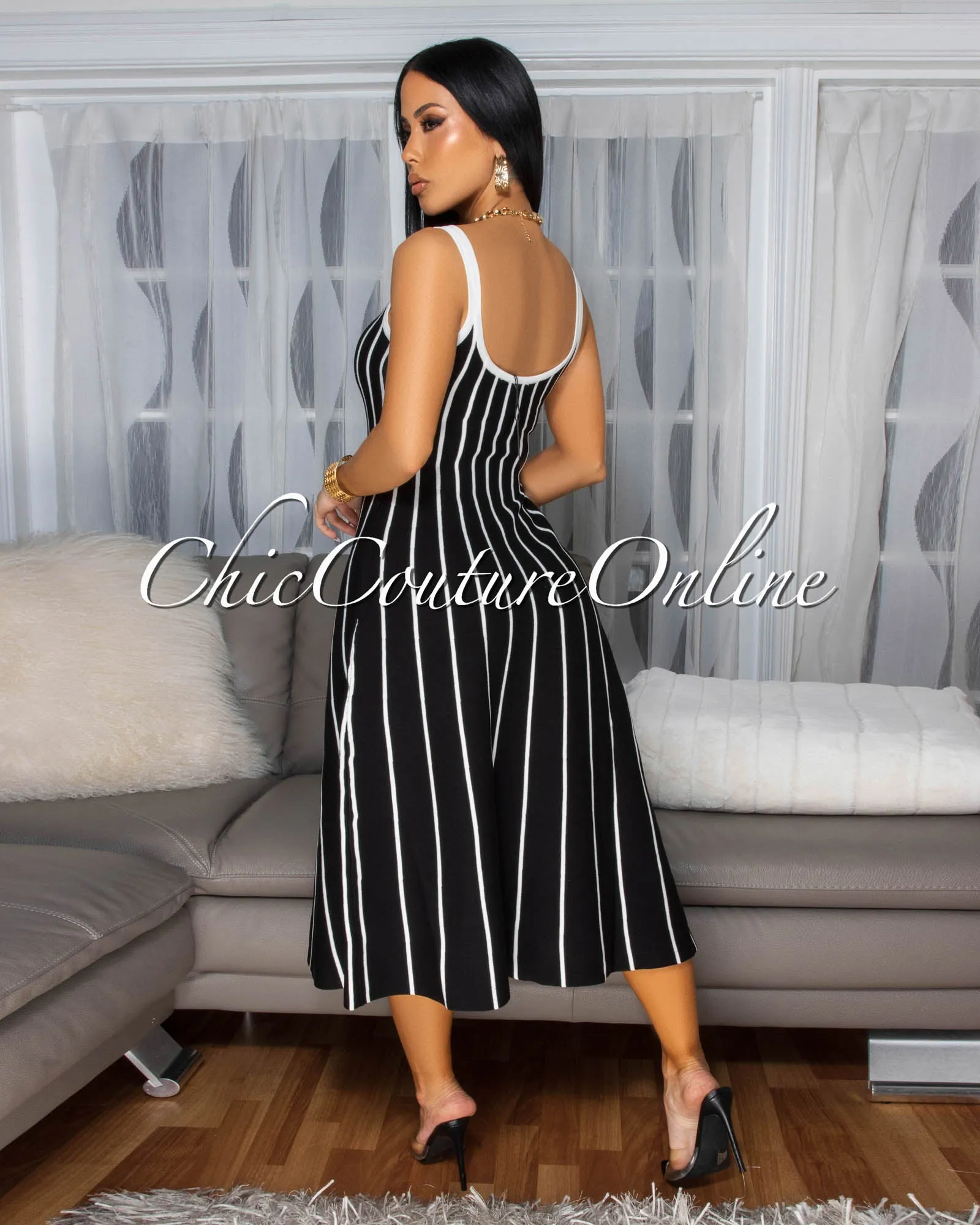 Farida Black White Stripe Knit Midi Dress sold by Chic Couture product image thumbnail 4