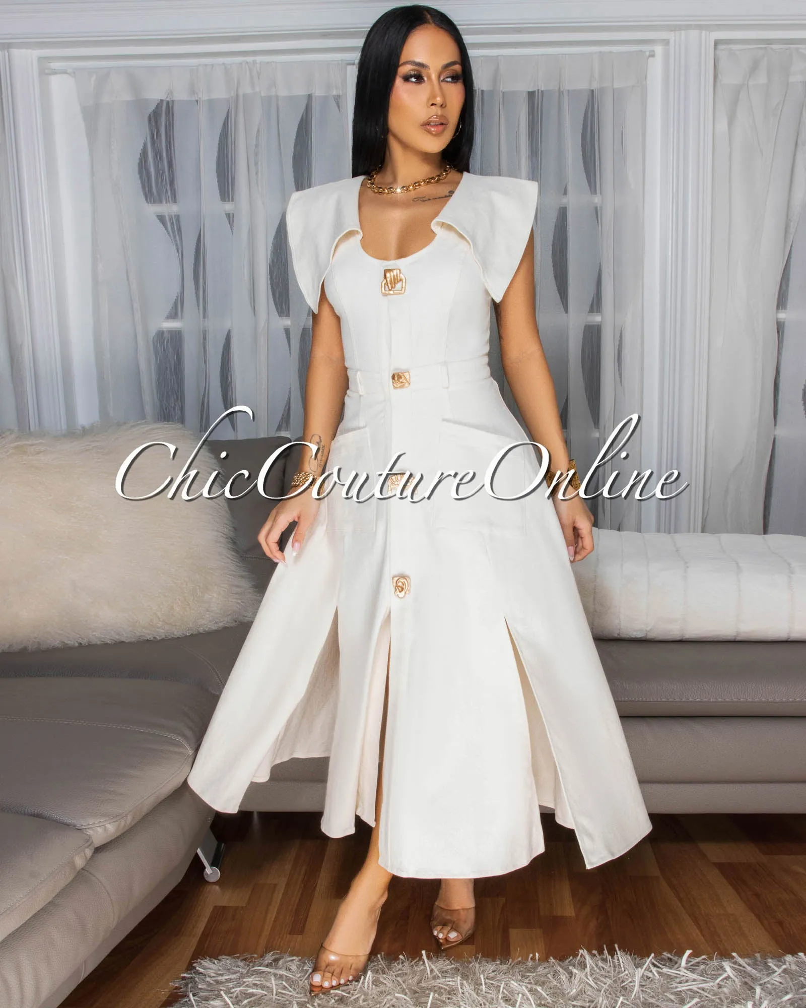 Selina Ivory Gold Buttons Flare Midi Dress sold by Chic Couture product image thumbnail 3