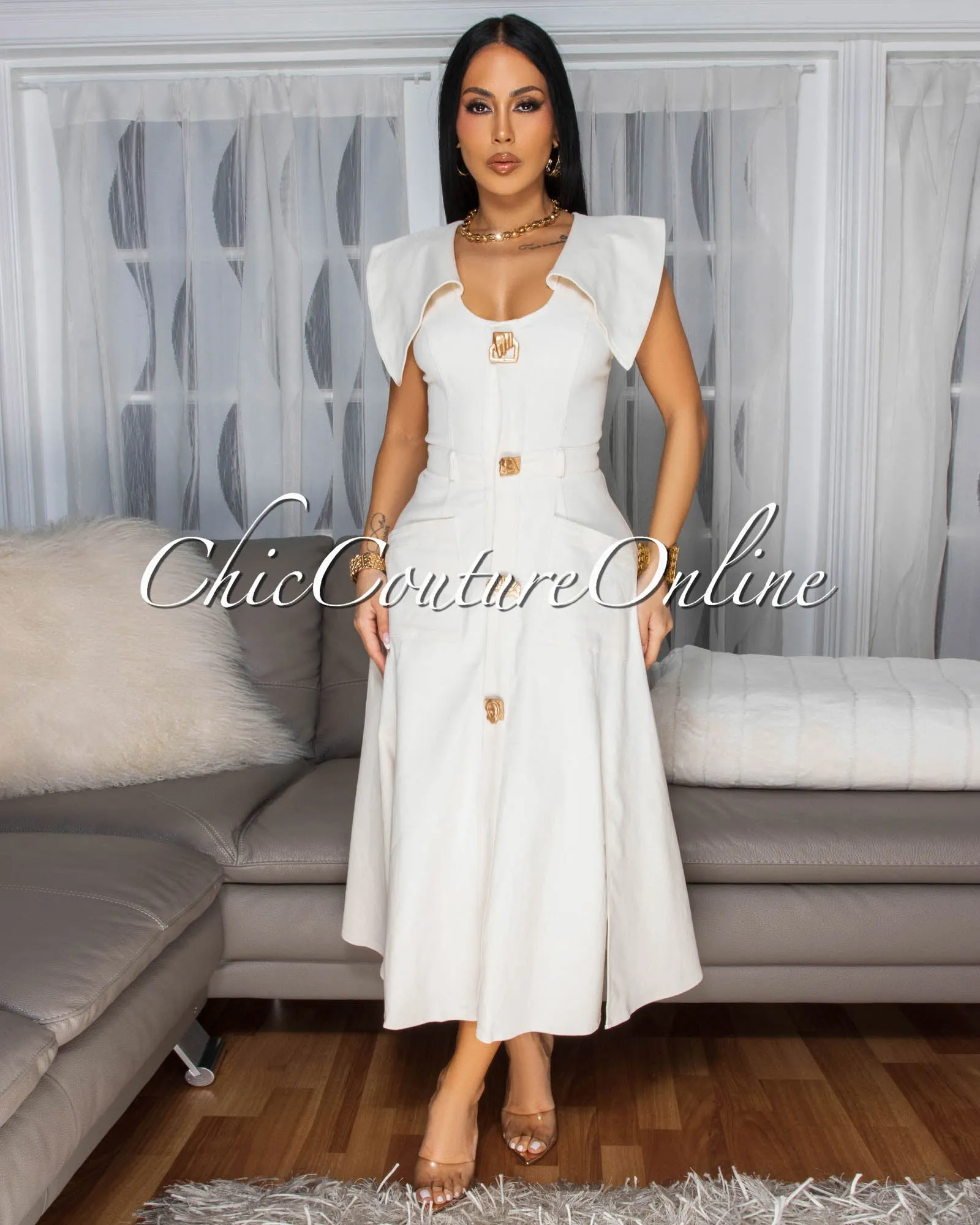 Selina Ivory Gold Buttons Flare Midi Dress sold by Chic Couture product image thumbnail 2