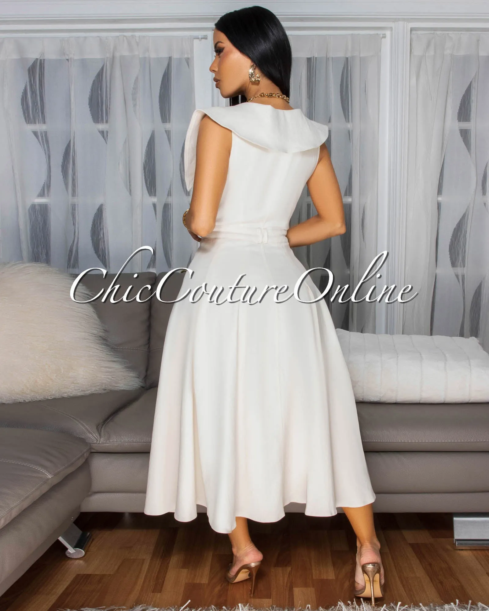 Selina Ivory Gold Buttons Flare Midi Dress sold by Chic Couture product image thumbnail 4