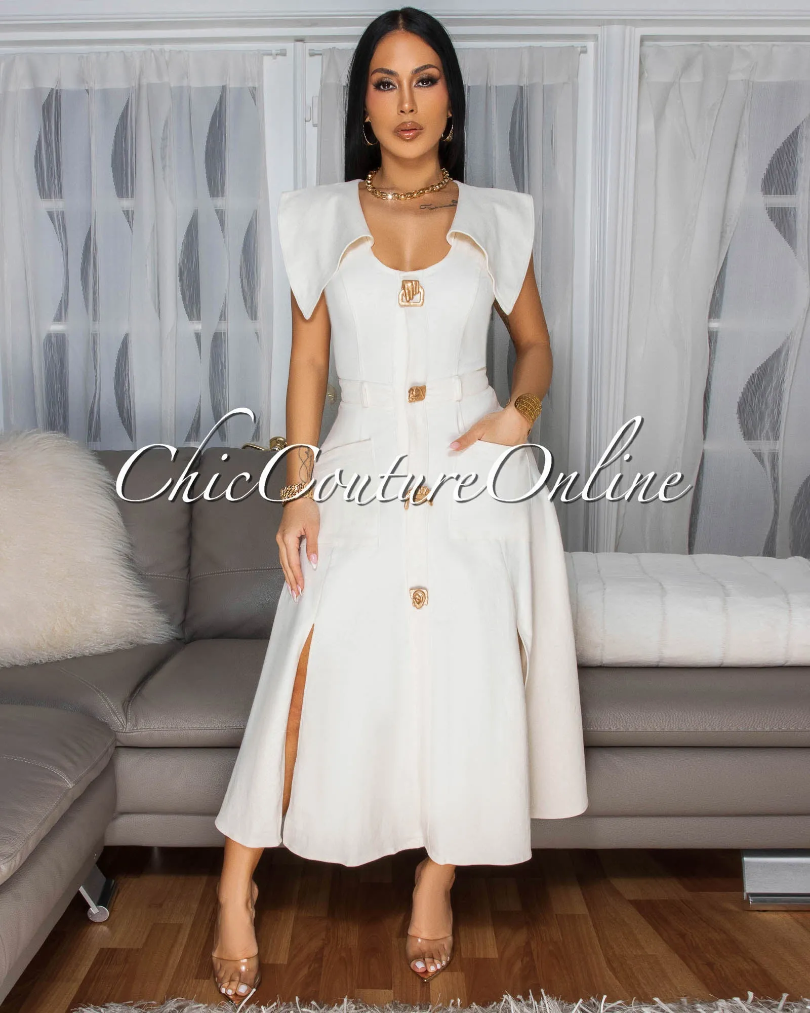 Selina Ivory Gold Buttons Flare Midi Dress sold by Chic Couture