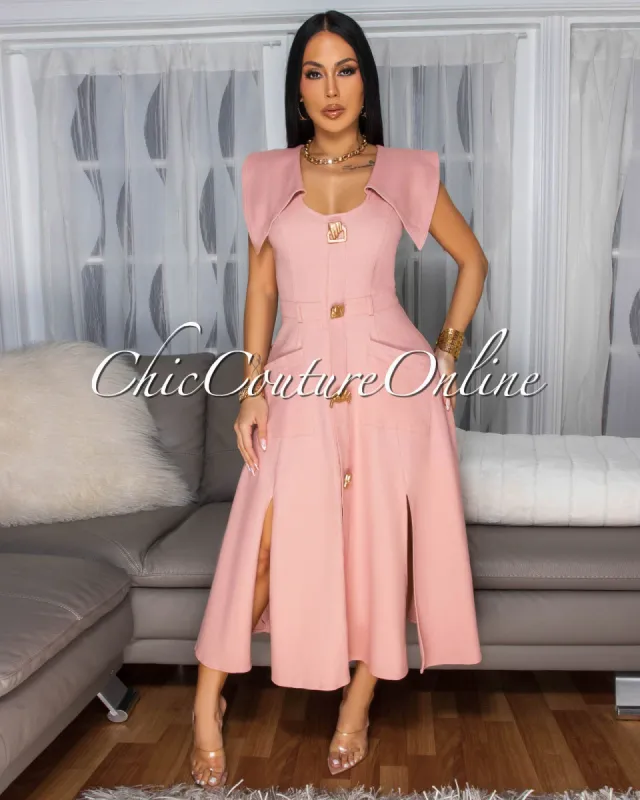 Selina Blush Gold Buttons Flare Midi Dress sold by Chic Couture