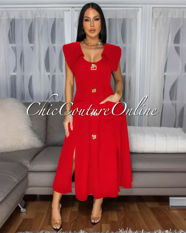 Selina Red Gold Buttons Flare Midi Dress sold by Chic Couture