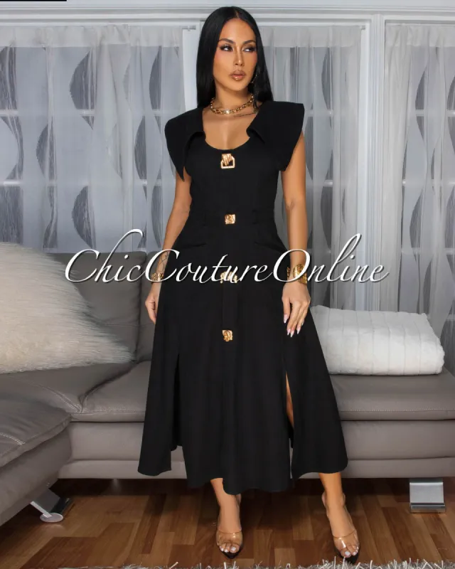 Selina Black Gold Buttons Flare Midi Dress sold by Chic Couture