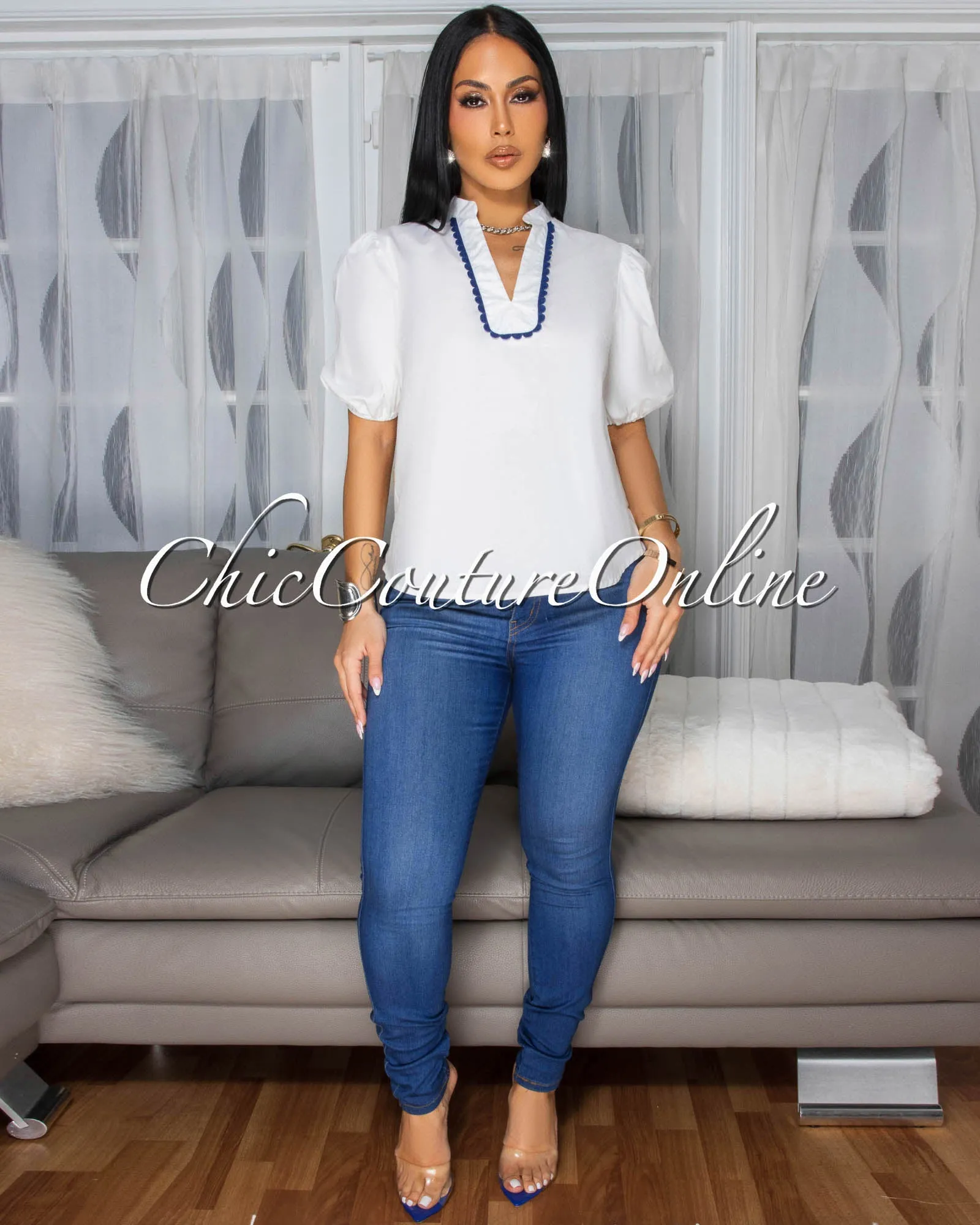 Kemina Off-White Blue Lace Trim Top sold by Chic Couture product image thumbnail 2