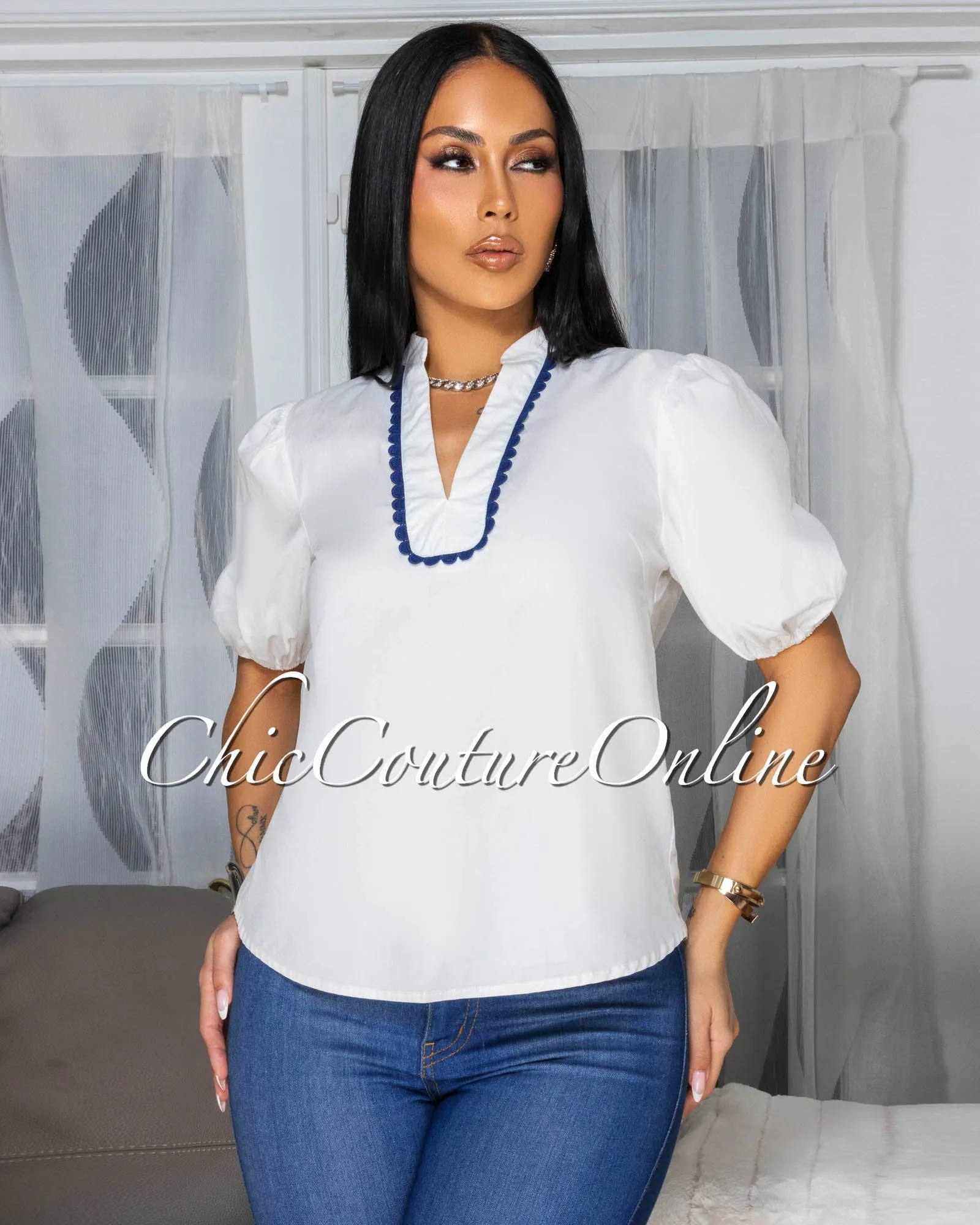 Kemina Off-White Blue Lace Trim Top sold by Chic Couture product image thumbnail 3
