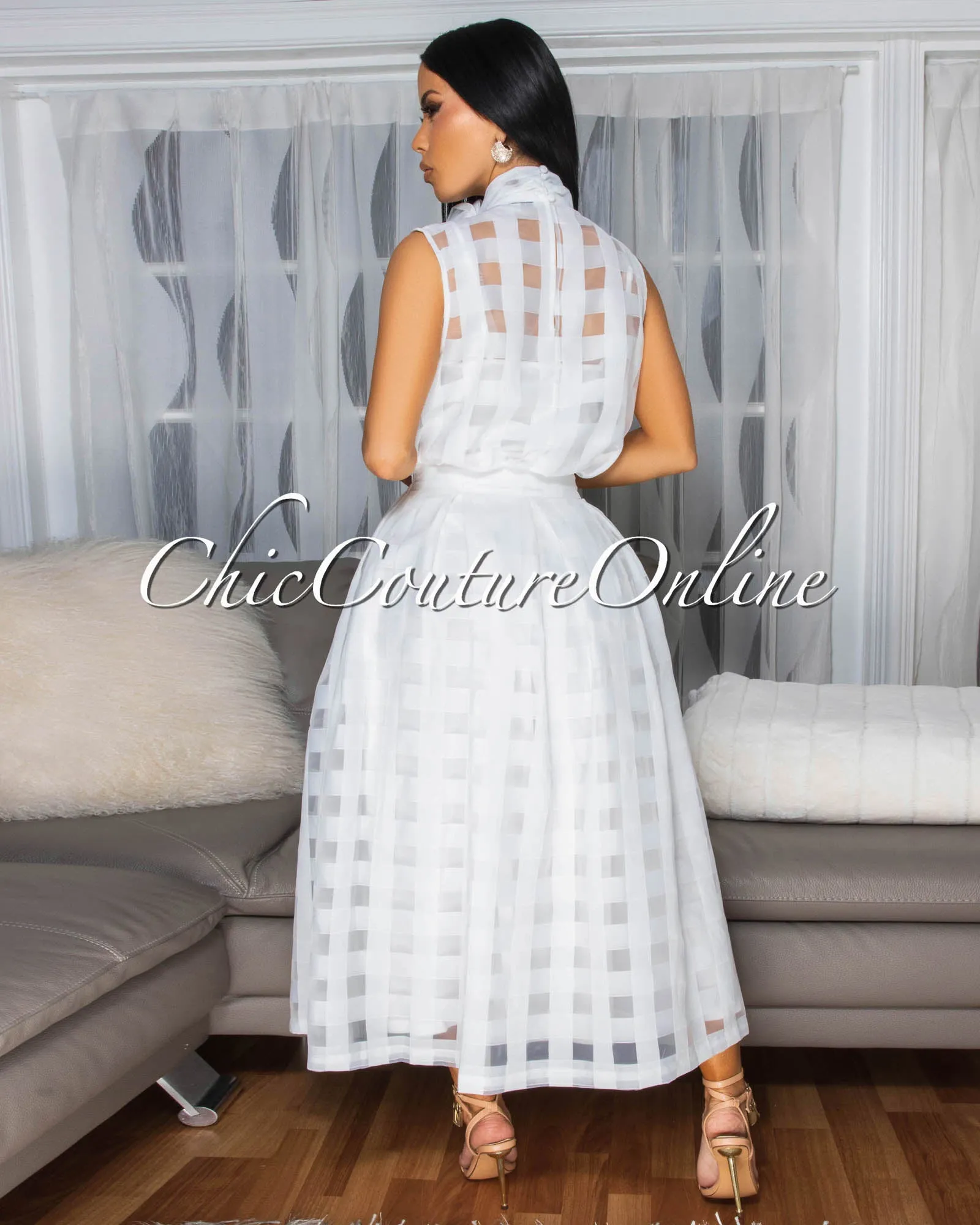 Mayfair White Gingham Organza Midi Skirt sold by Chic Couture product image thumbnail 3