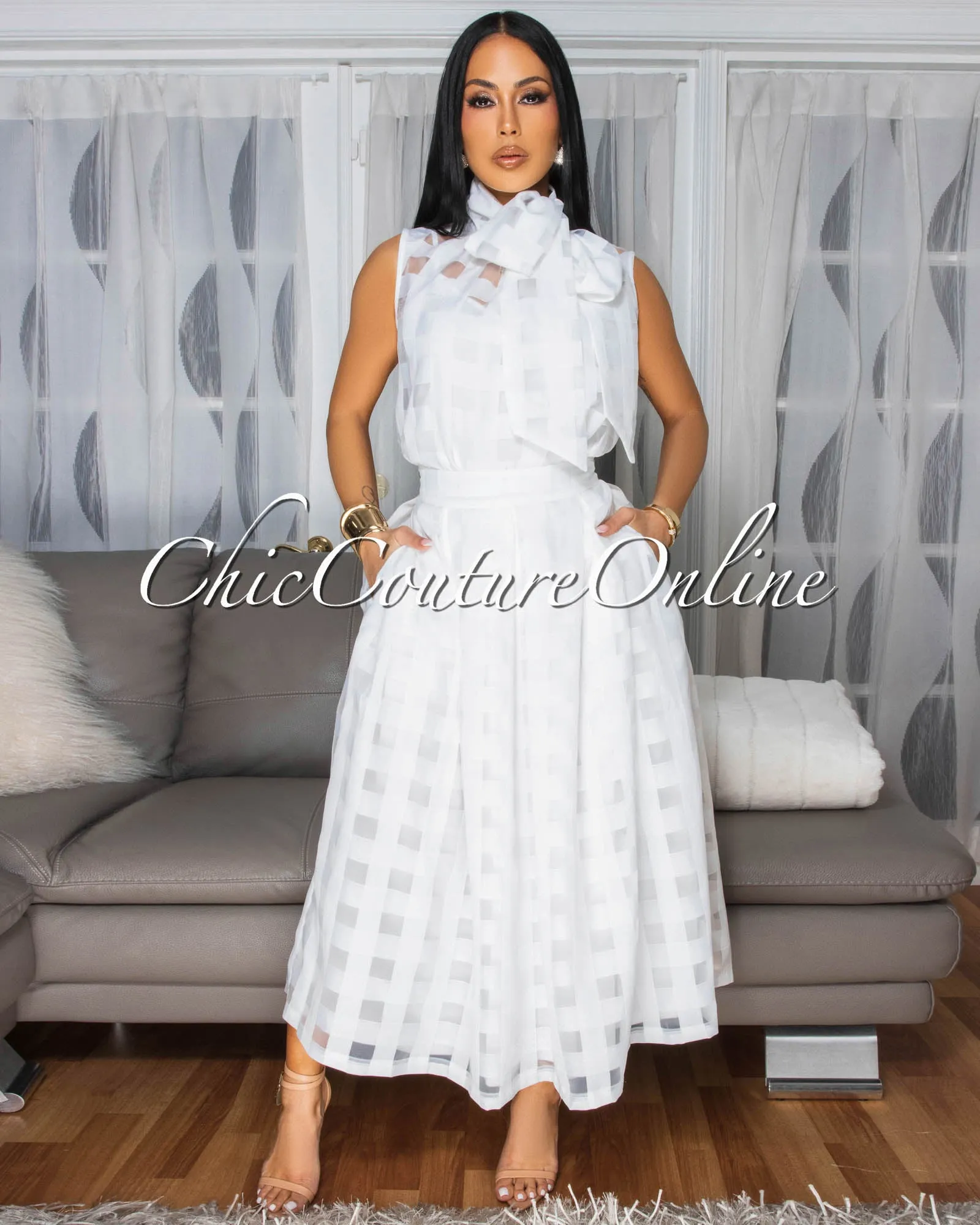 Mayfair White Gingham Organza Midi Skirt sold by Chic Couture product image thumbnail 2