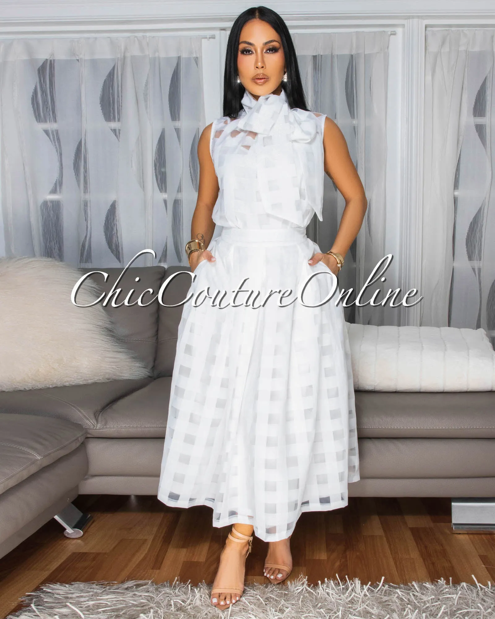 Mayfair White Gingham Organza Midi Skirt sold by Chic Couture
