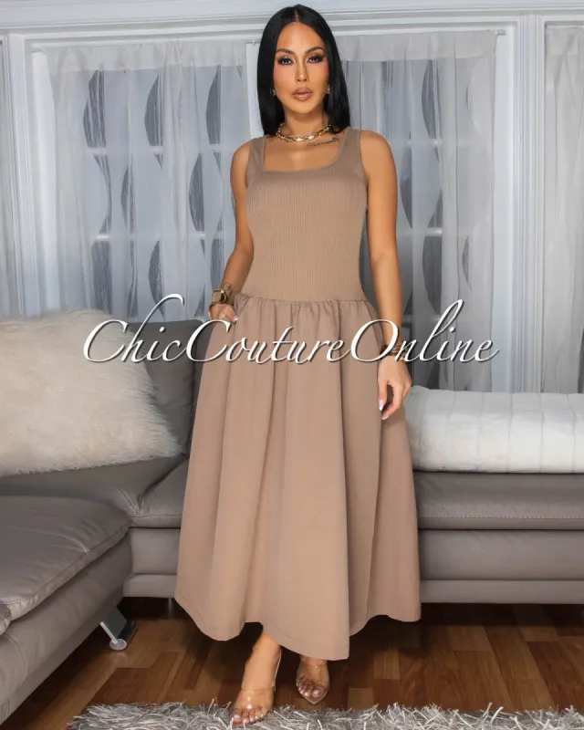 Marcarie Taupe Sleeveless Midi Dress sold by Chic Couture