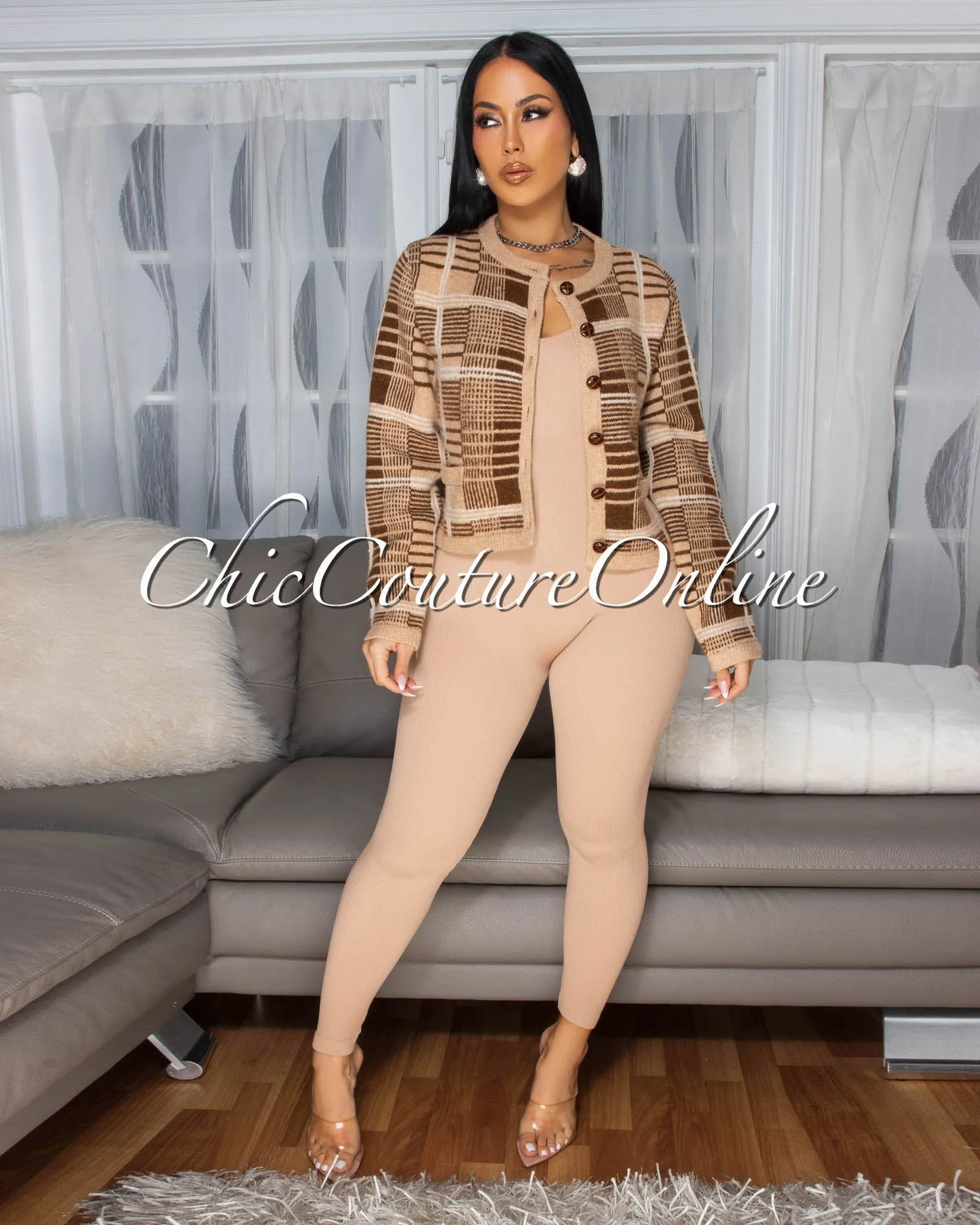 Poppy Mocha Multi Tone Knit Cardigan sold by Chic Couture