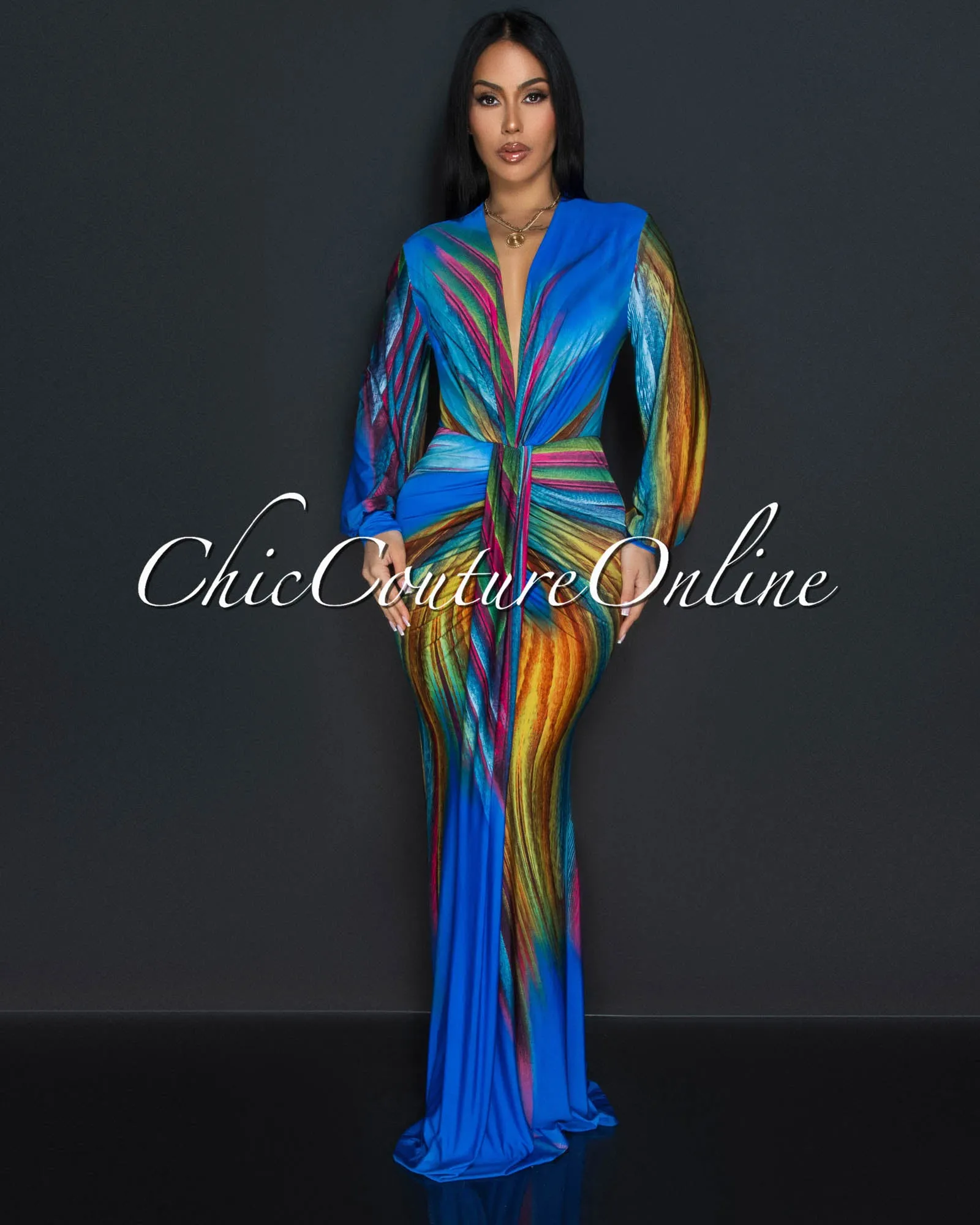Ayana Blue Peacock Long Sleeves Deep V-Neck Maxi Dress sold by Chic Couture