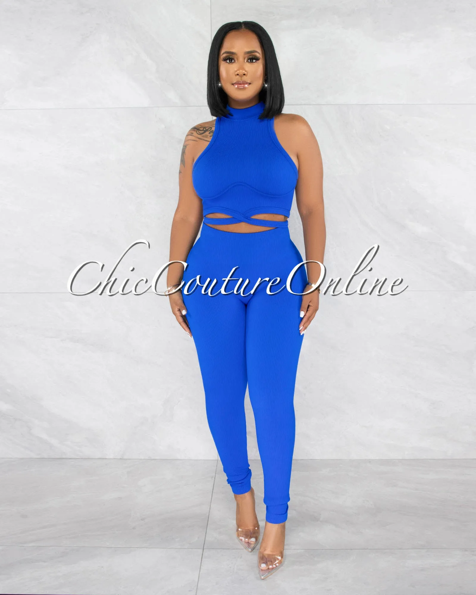 Gania Blue Ribbed Tie Top & Leggings Sculpting Set sold by Chic Couture