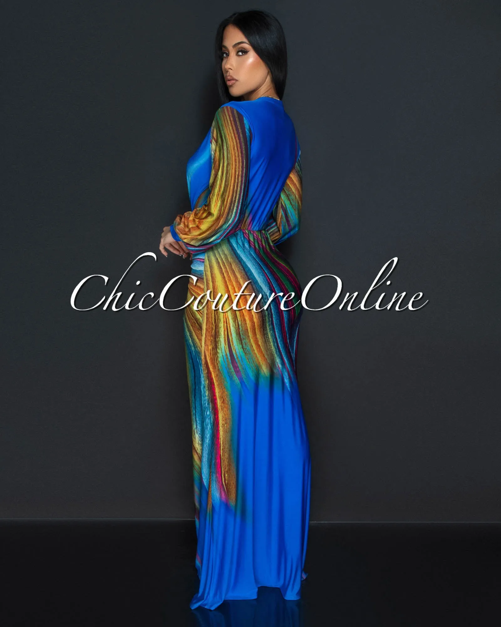Ayana Blue Peacock Long Sleeves Deep V-Neck Maxi Dress sold by Chic Couture product image thumbnail 3