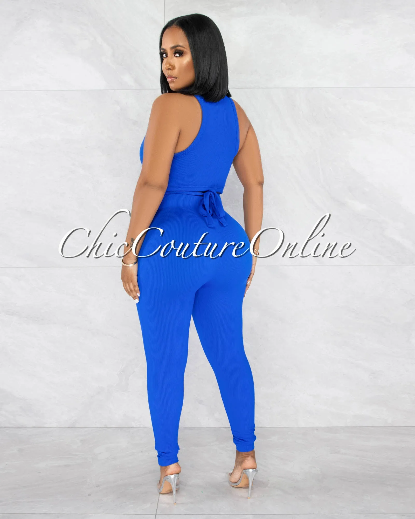 Gania Blue Ribbed Tie Top & Leggings Sculpting Set sold by Chic Couture product image thumbnail 3