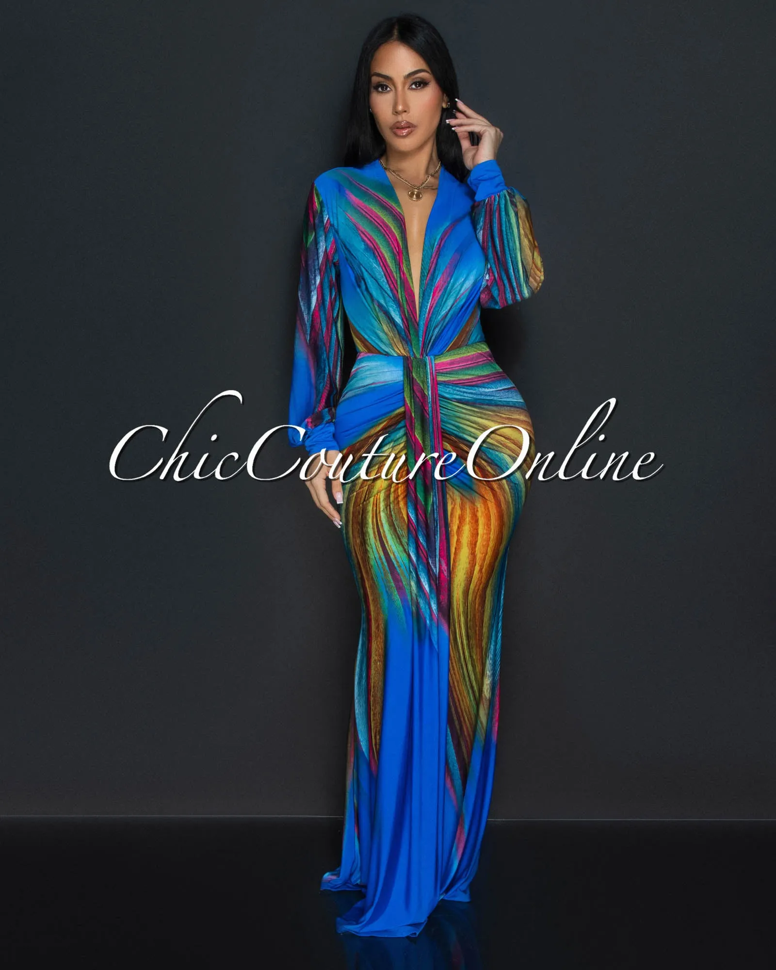 Ayana Blue Peacock Long Sleeves Deep V-Neck Maxi Dress sold by Chic Couture product image thumbnail 2