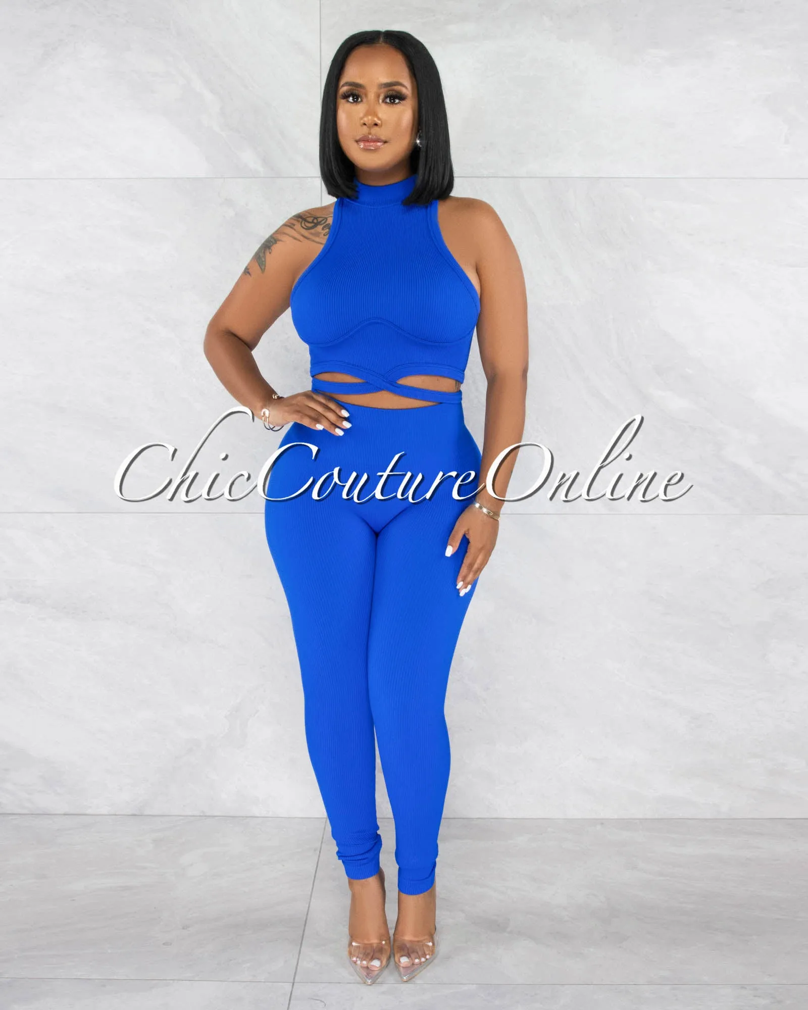 Gania Blue Ribbed Tie Top & Leggings Sculpting Set sold by Chic Couture product image thumbnail 2