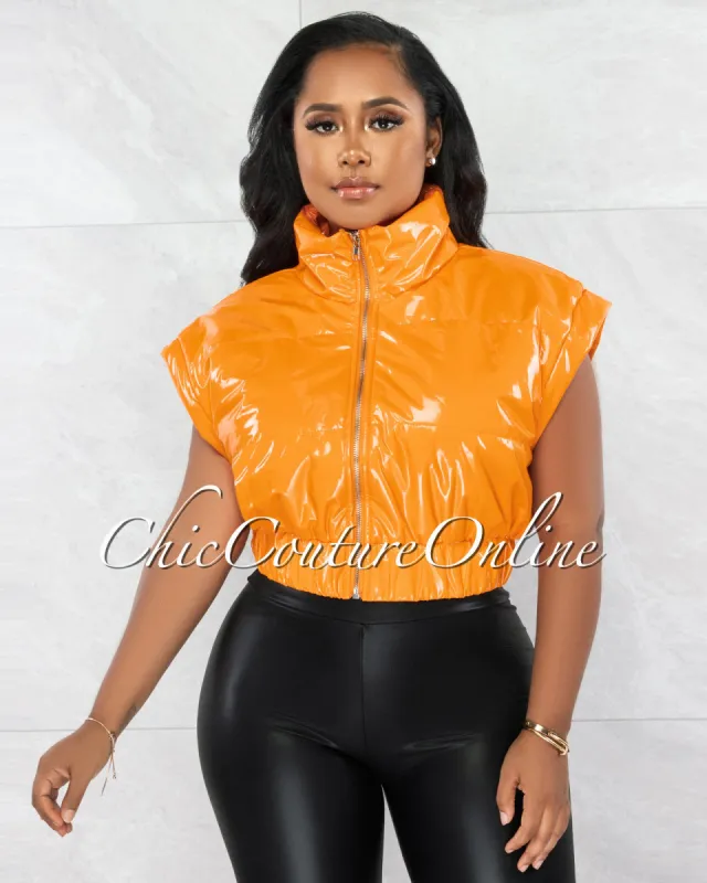 *Daryn Orange Patent Faux Leather Sleeveless Bomber Jacket sold by Chic Couture