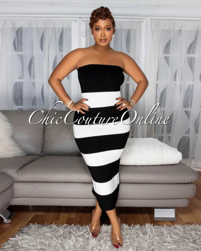 HudsIn Black White Striped Tube Midi Dress sold by Chic Couture