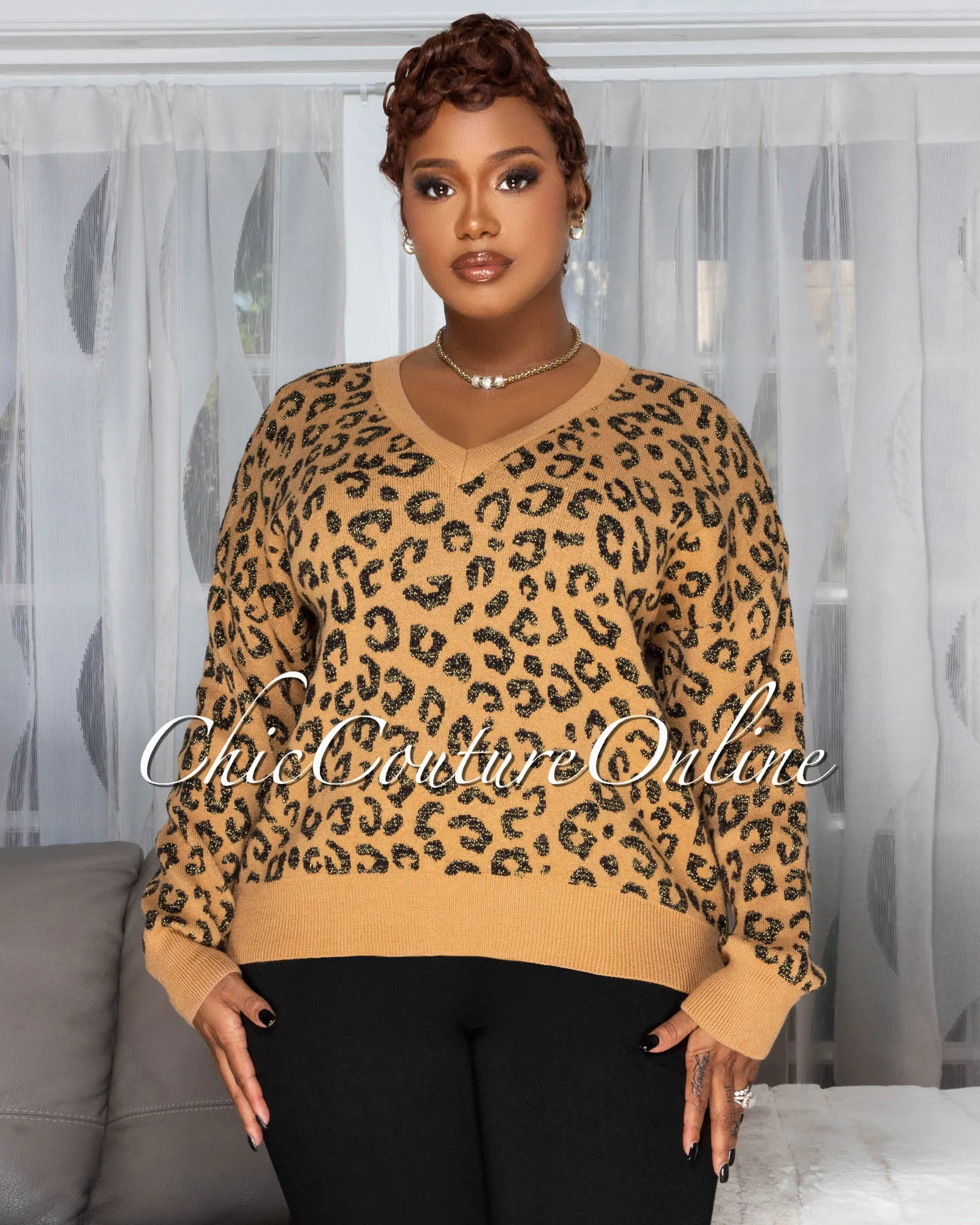 Mishane Toffee Black Leopard Print Knit Sweater sold by Chic Couture product image thumbnail 3