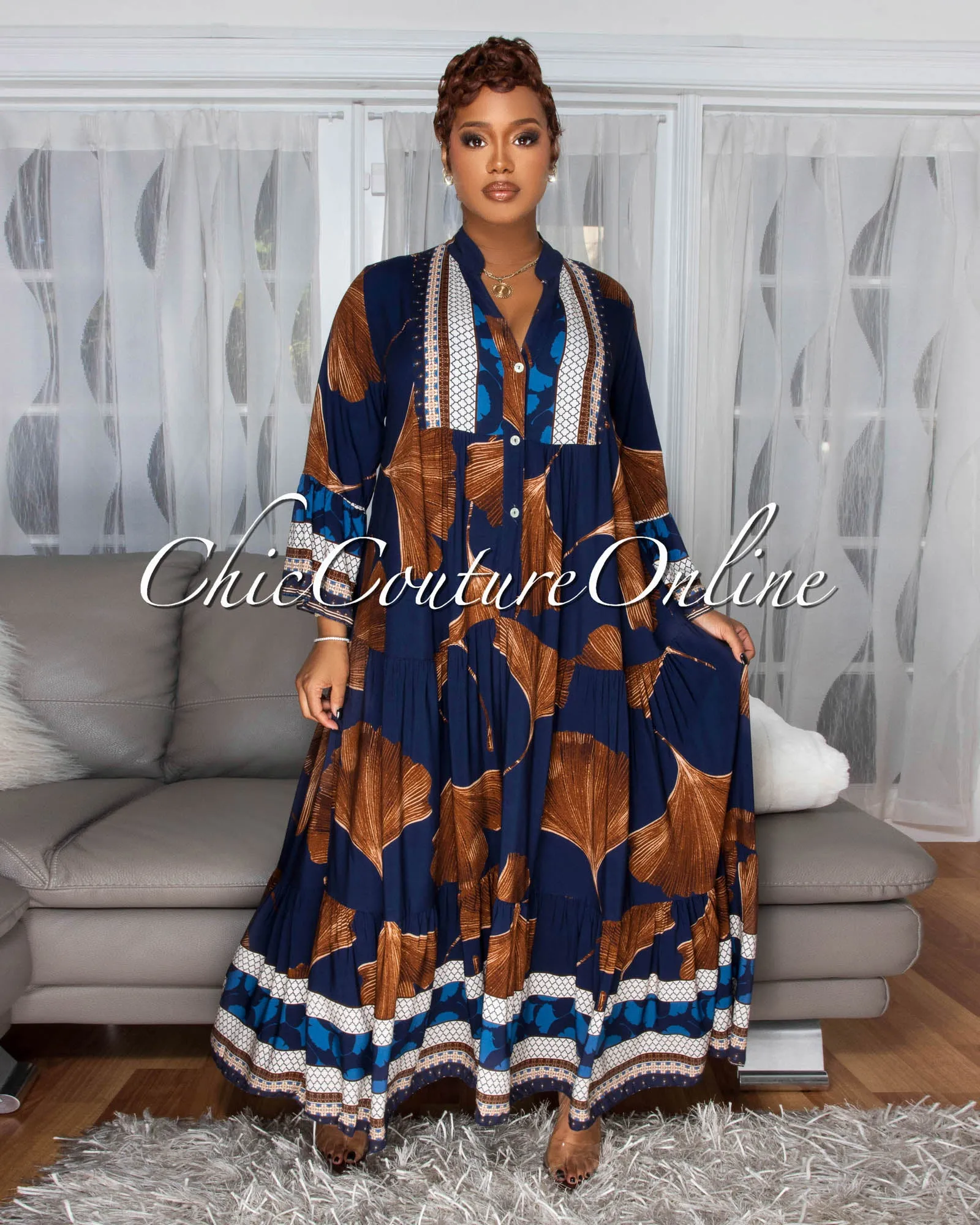 Solene Navy-Blue Brown Floral Print Maxi Dress sold by Chic Couture