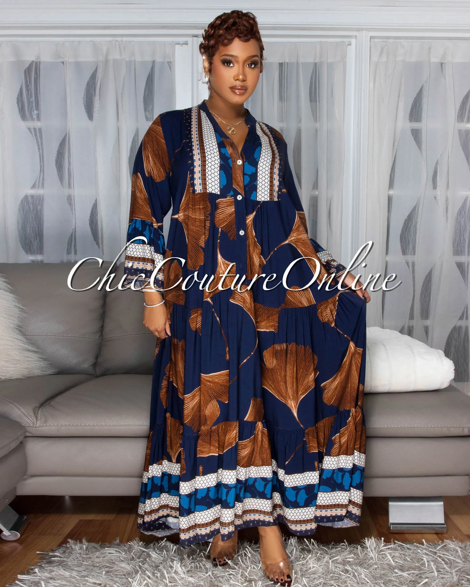 Solene Navy-Blue Brown Floral Print Maxi Dress sold by Chic Couture product image thumbnail 3