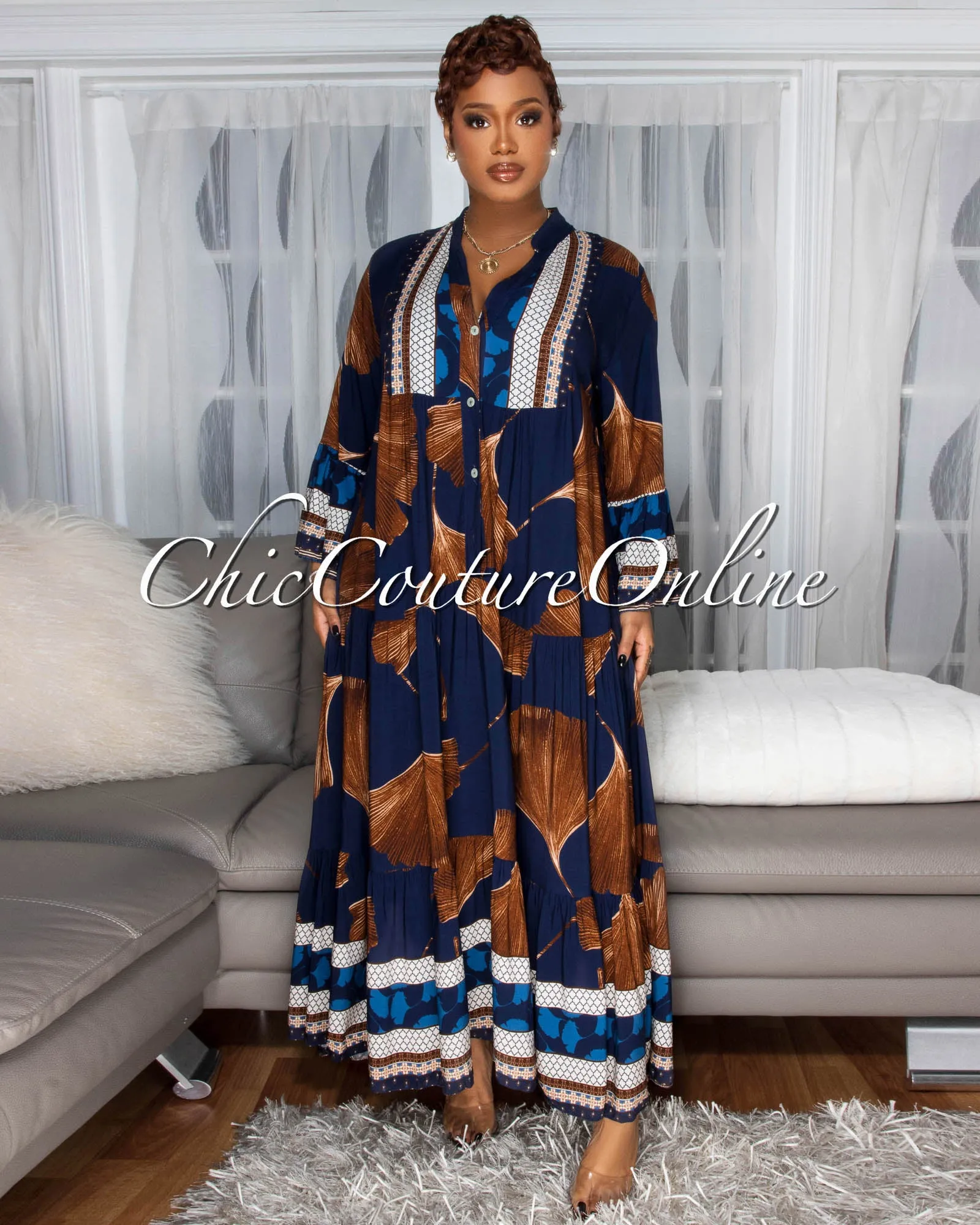 Solene Navy-Blue Brown Floral Print Maxi Dress sold by Chic Couture product image thumbnail 2