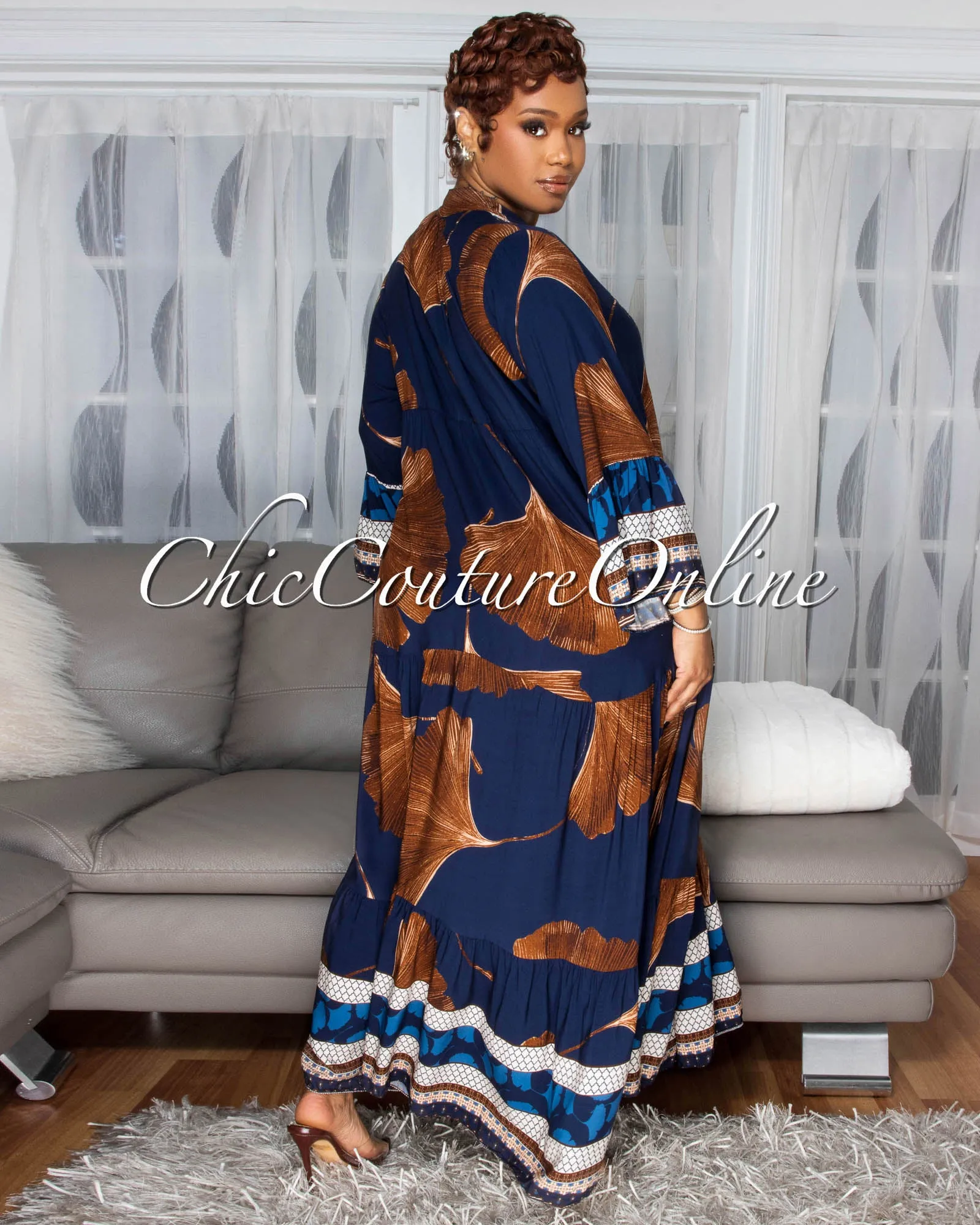 Solene Navy-Blue Brown Floral Print Maxi Dress sold by Chic Couture product image thumbnail 4