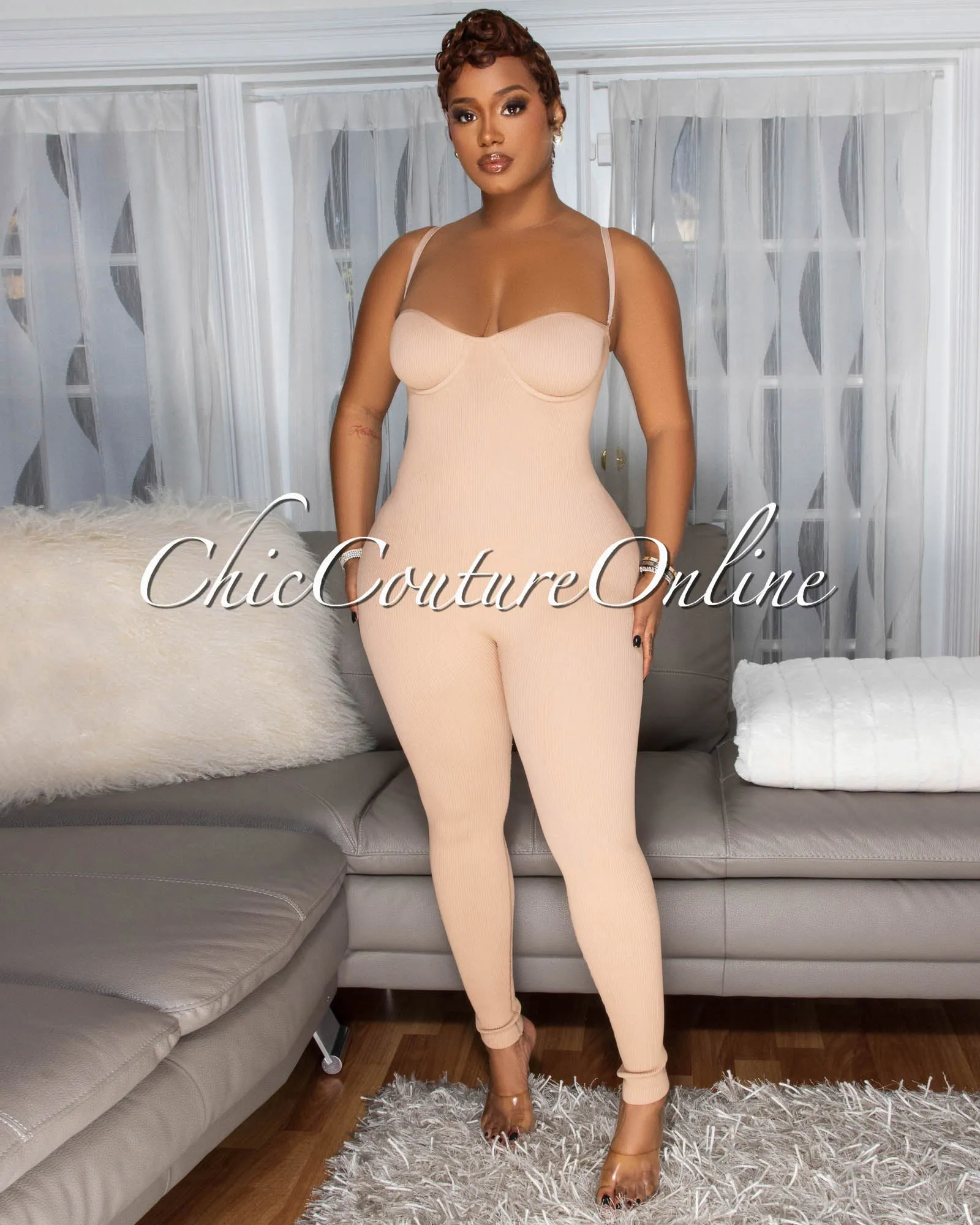 Leonie Nude Ribbed BodyCon Jumpsuit sold by Chic Couture