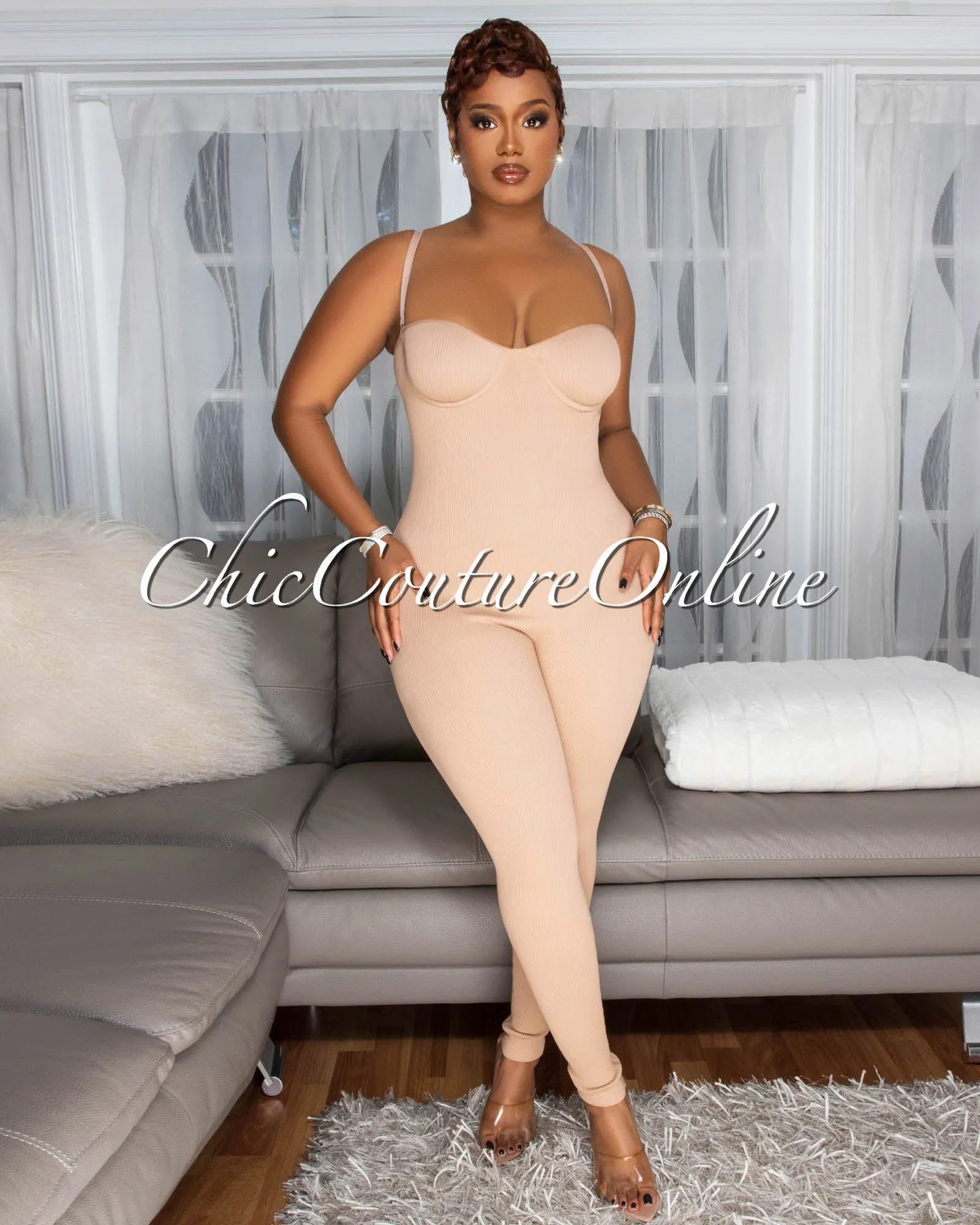 Leonie Nude Ribbed BodyCon Jumpsuit sold by Chic Couture product image thumbnail 2