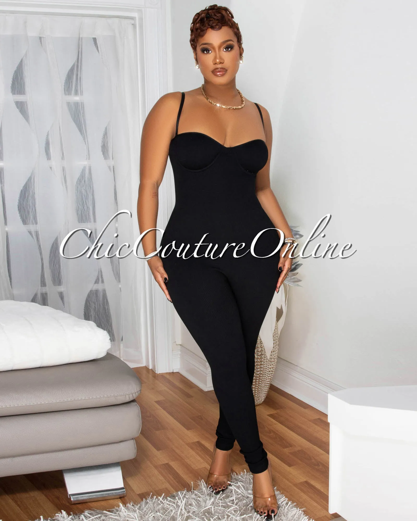 Leonie Black Ribbed BodyCon Jumpsuit (SHIPS 1/22) sold by Chic Couture product image thumbnail 2