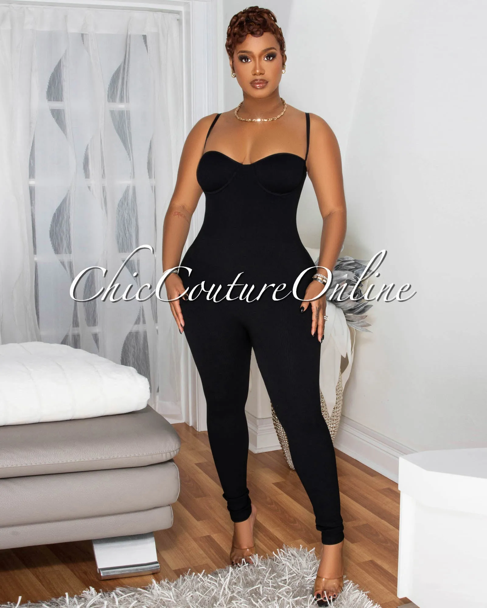 Leonie Black Ribbed BodyCon Jumpsuit (SHIPS 1/22) sold by Chic Couture