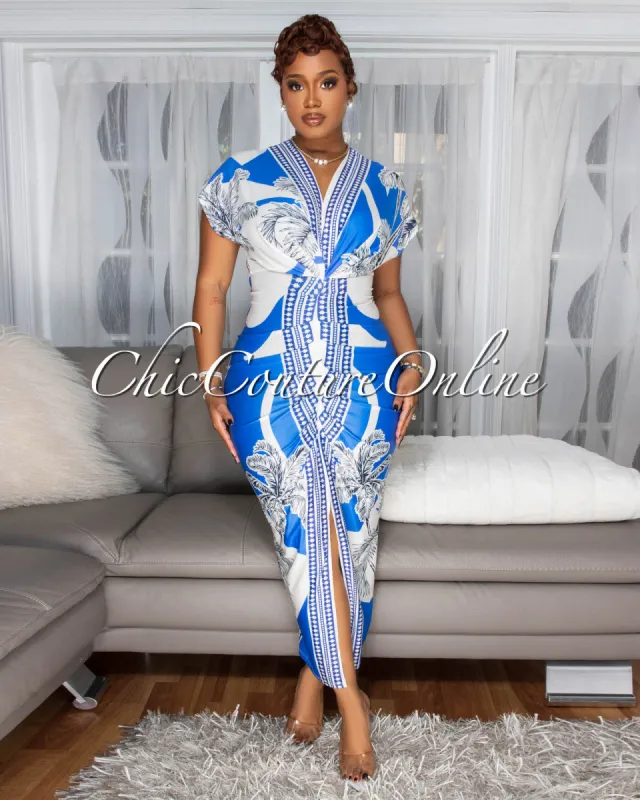 Mahalia Blue Off-White Print Deep V Neck Draped Dress sold by Chic Couture