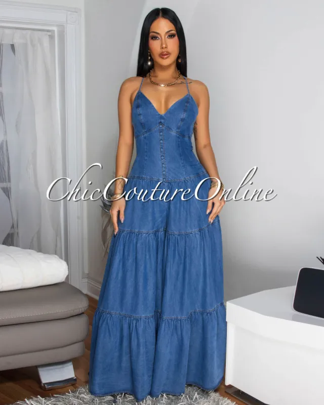 Bernadette Medium Denim Tiered Wide Legs Jumpsuit sold by Chic Couture