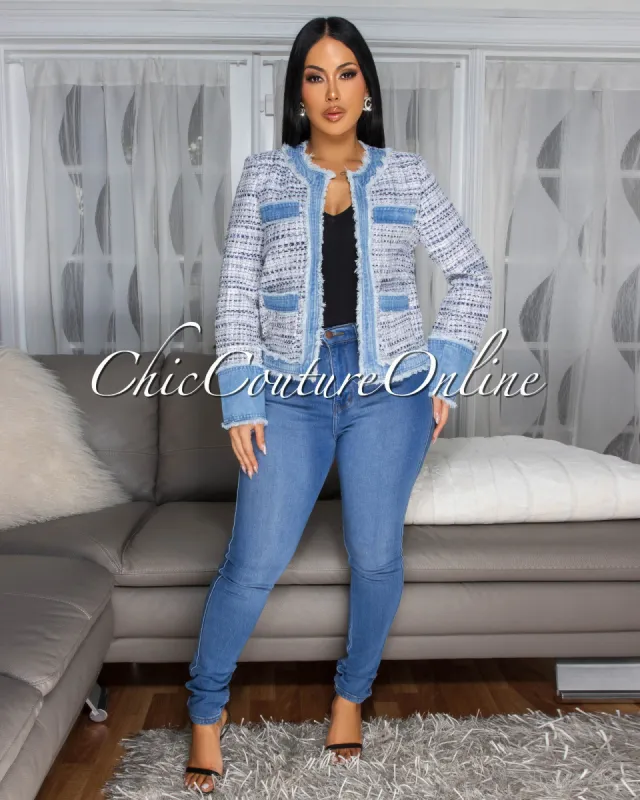 Sander Navy-Blue Denim Trim Tweed Jacket sold by Chic Couture