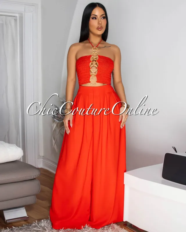 Elan Tomatoe Red Crochet Top & Pants Set sold by Chic Couture