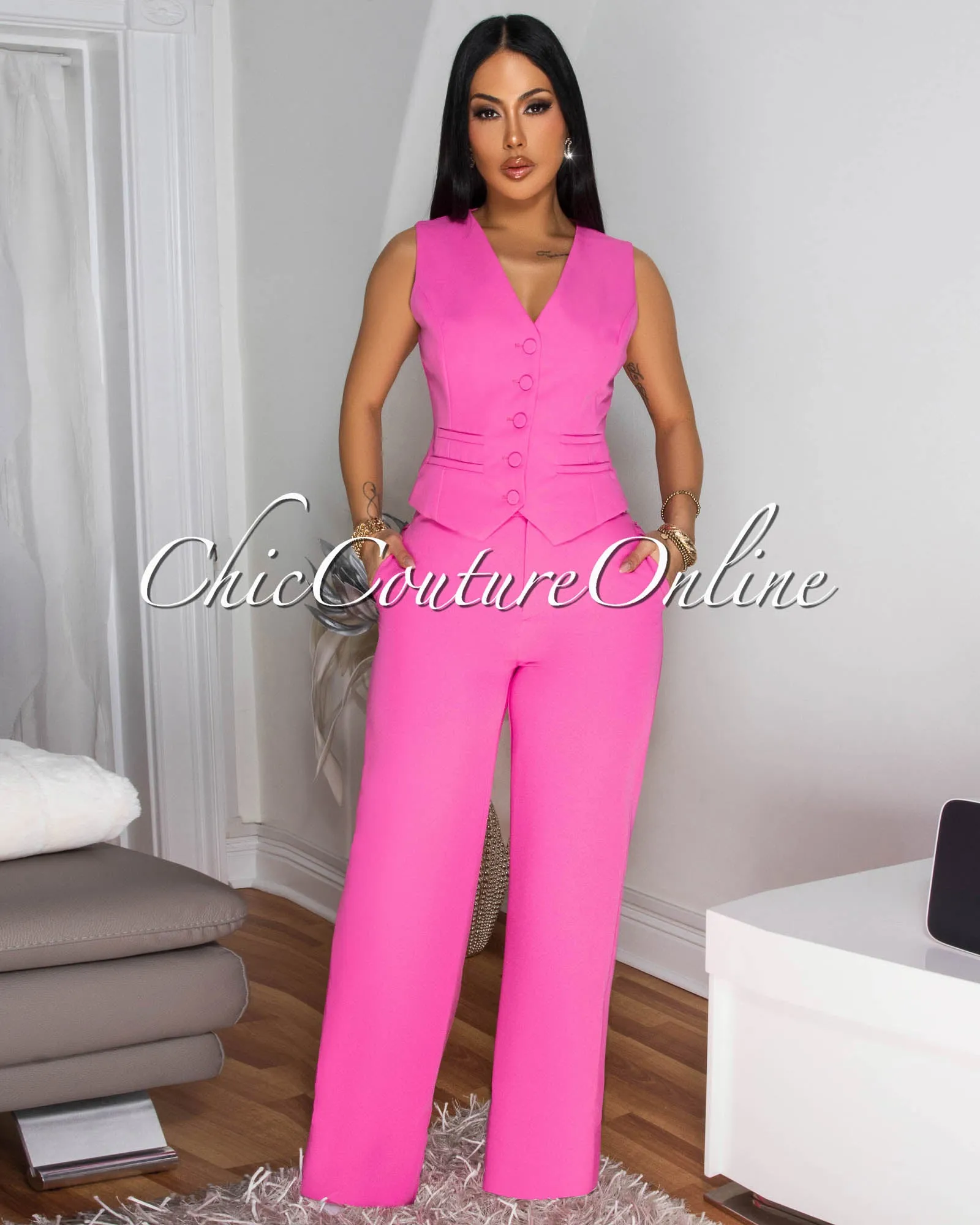 Neyole Bubblegum Pink Vest Pants Set sold by Chic Couture