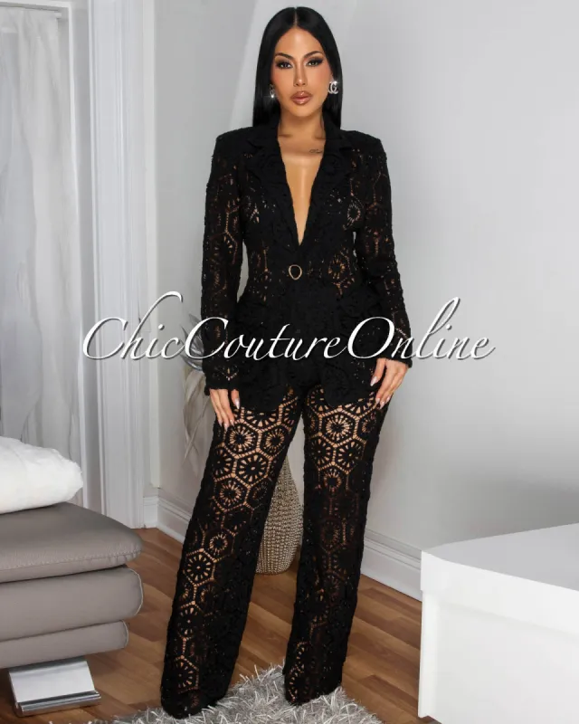 Kanis Black Crochet Blazer Pants Suit sold by Chic Couture